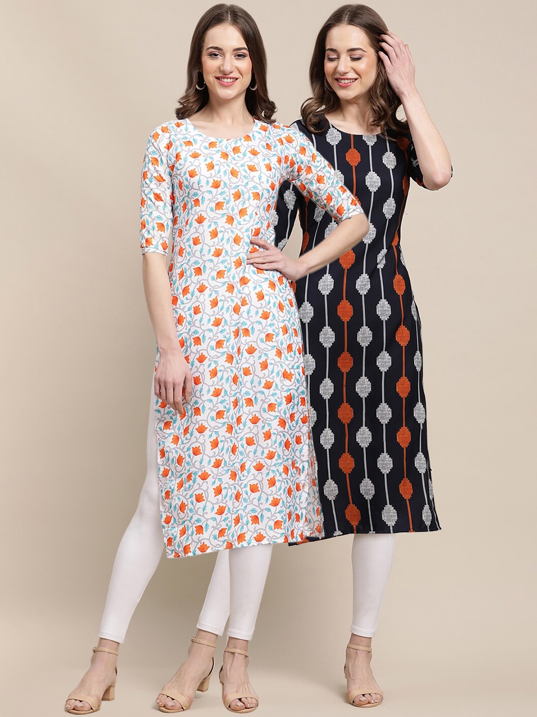 

7Threads Women Pack Of 2 White & Black Geometric Printed Summer Sheers Crepe Kurtas