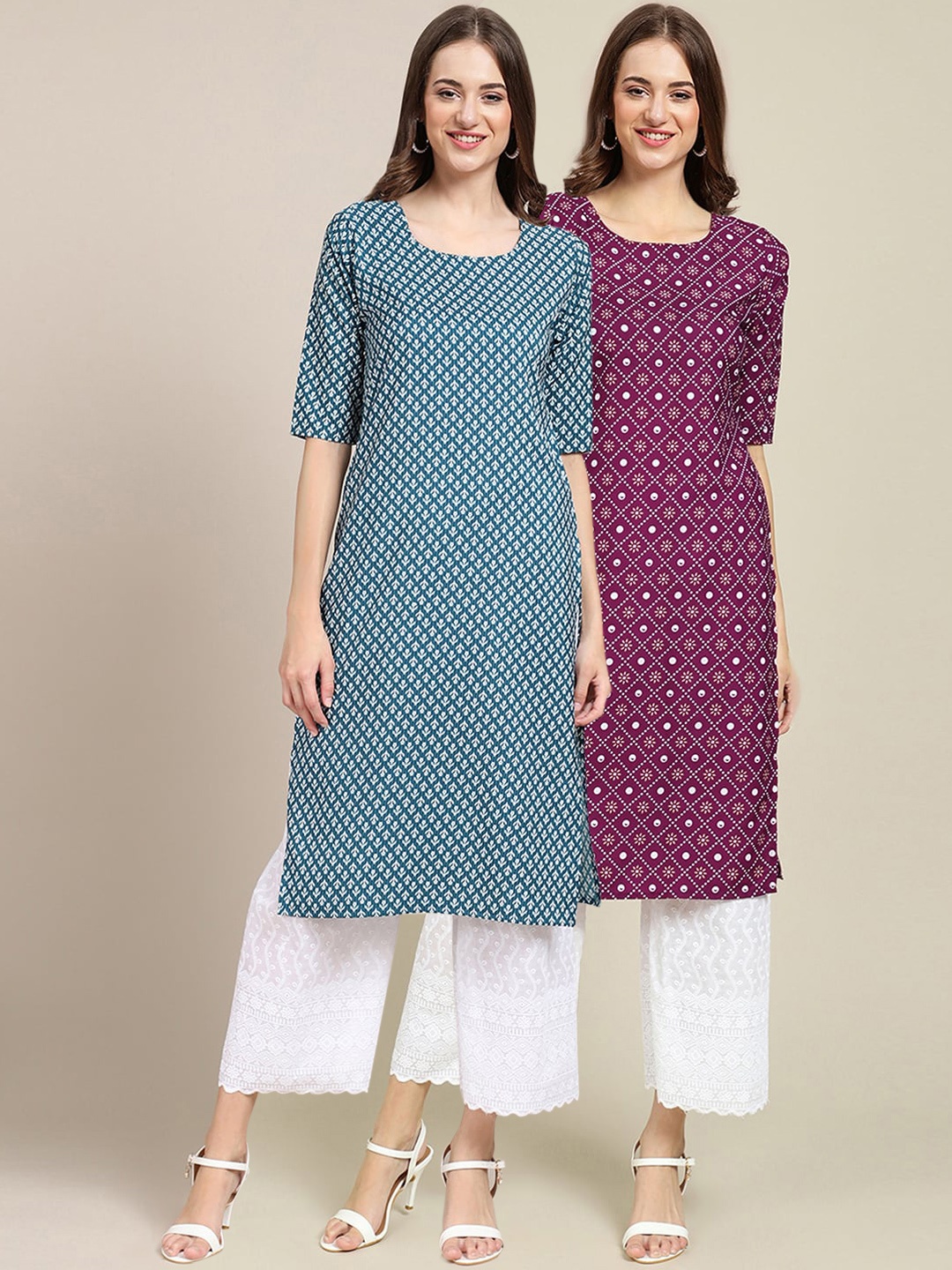 

7Threads Women Blue & Maroon Pack Of 2 Geometric Printed Summer Sheers Crepe Kurta