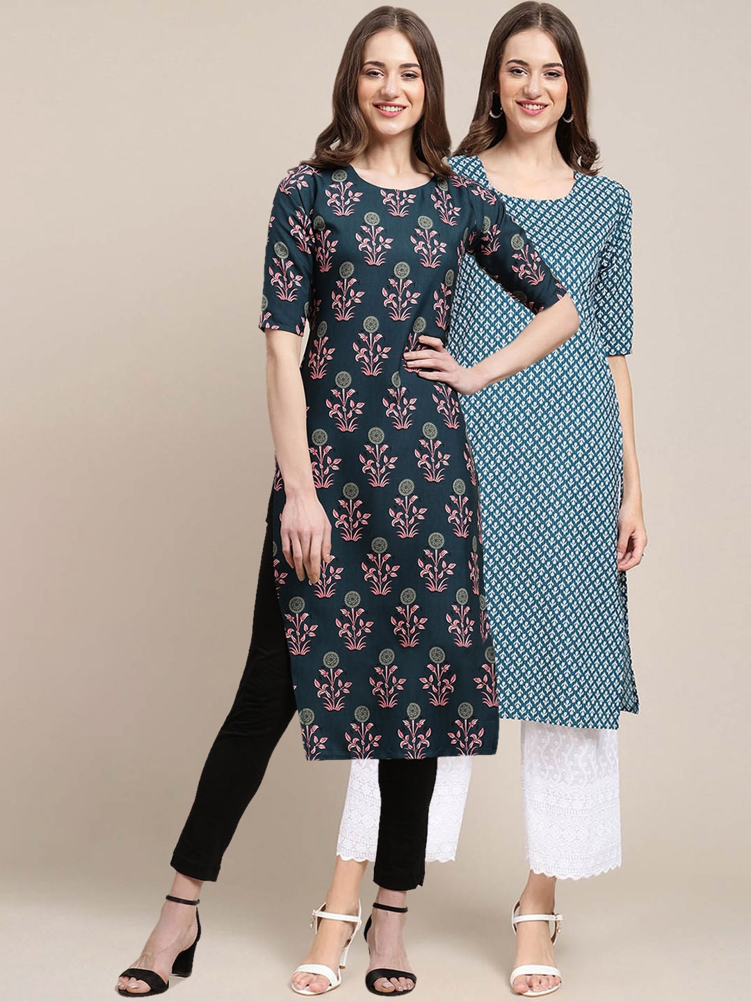 

7Threads Women Pack Of 2 Blue & Green Floral Printed Crepe Kurta