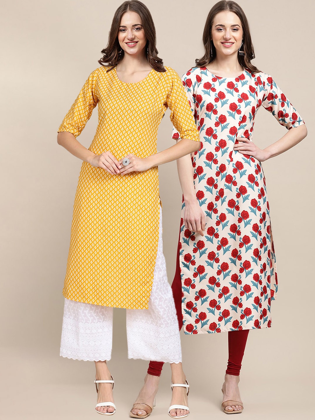 

7Threads WomenPack of 2 Printed Summer Sheers Crepe Kurta, Mustard