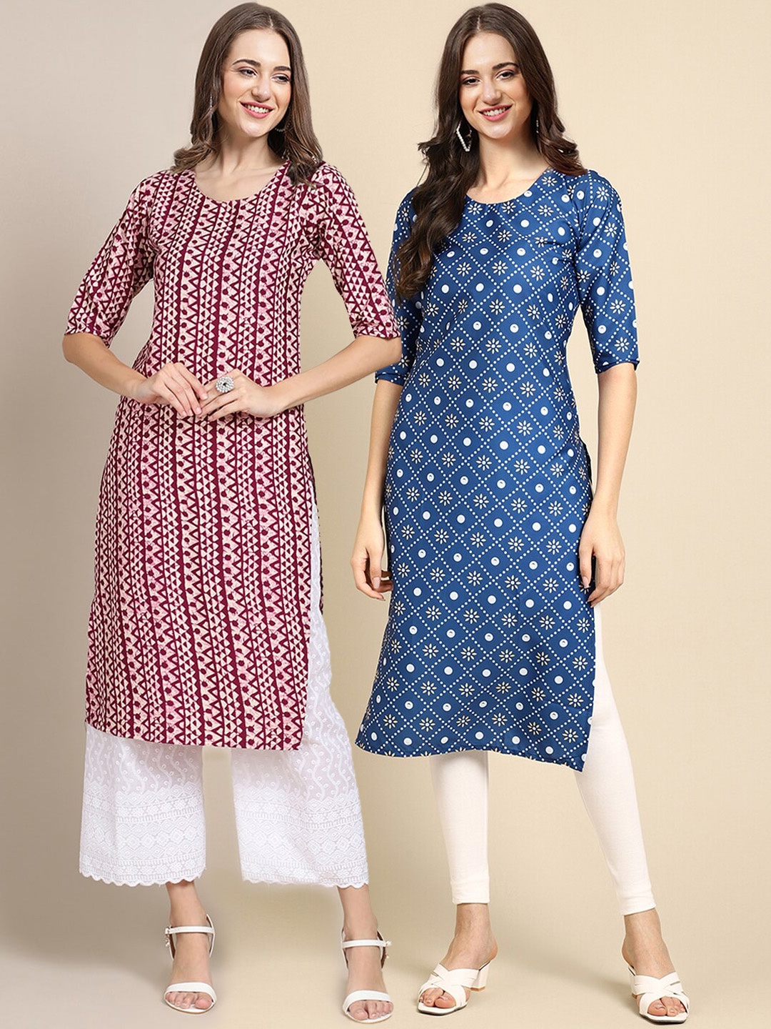 

7Threads Women Pack of 2 Printed Summer Sheers Crepe Kurta, Magenta
