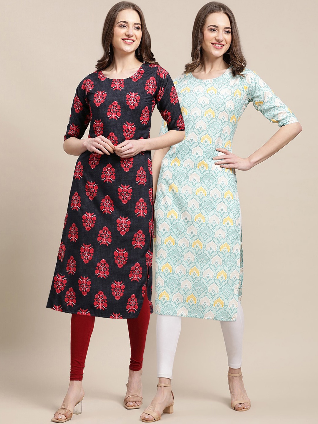 

7Threads Women Pack of 2 Printed Summer Sheers Crepe Kurta, Black