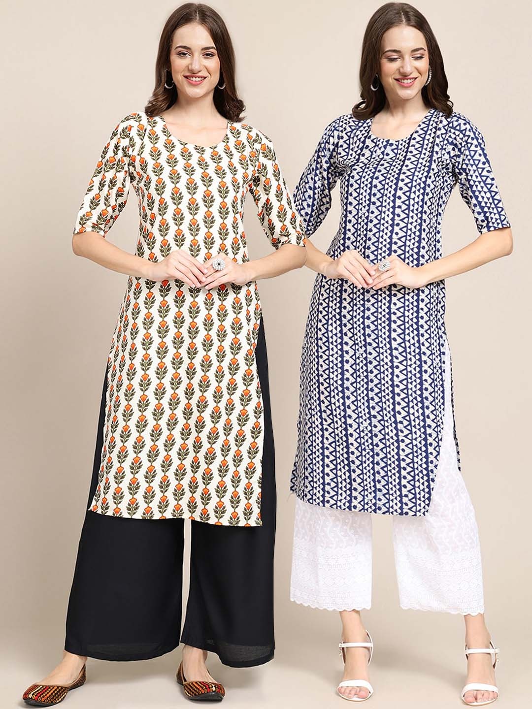 

KALINI Women Blue & Off White Pack Of 2 Geometric Printed Summer Sheers Crepe Kurta