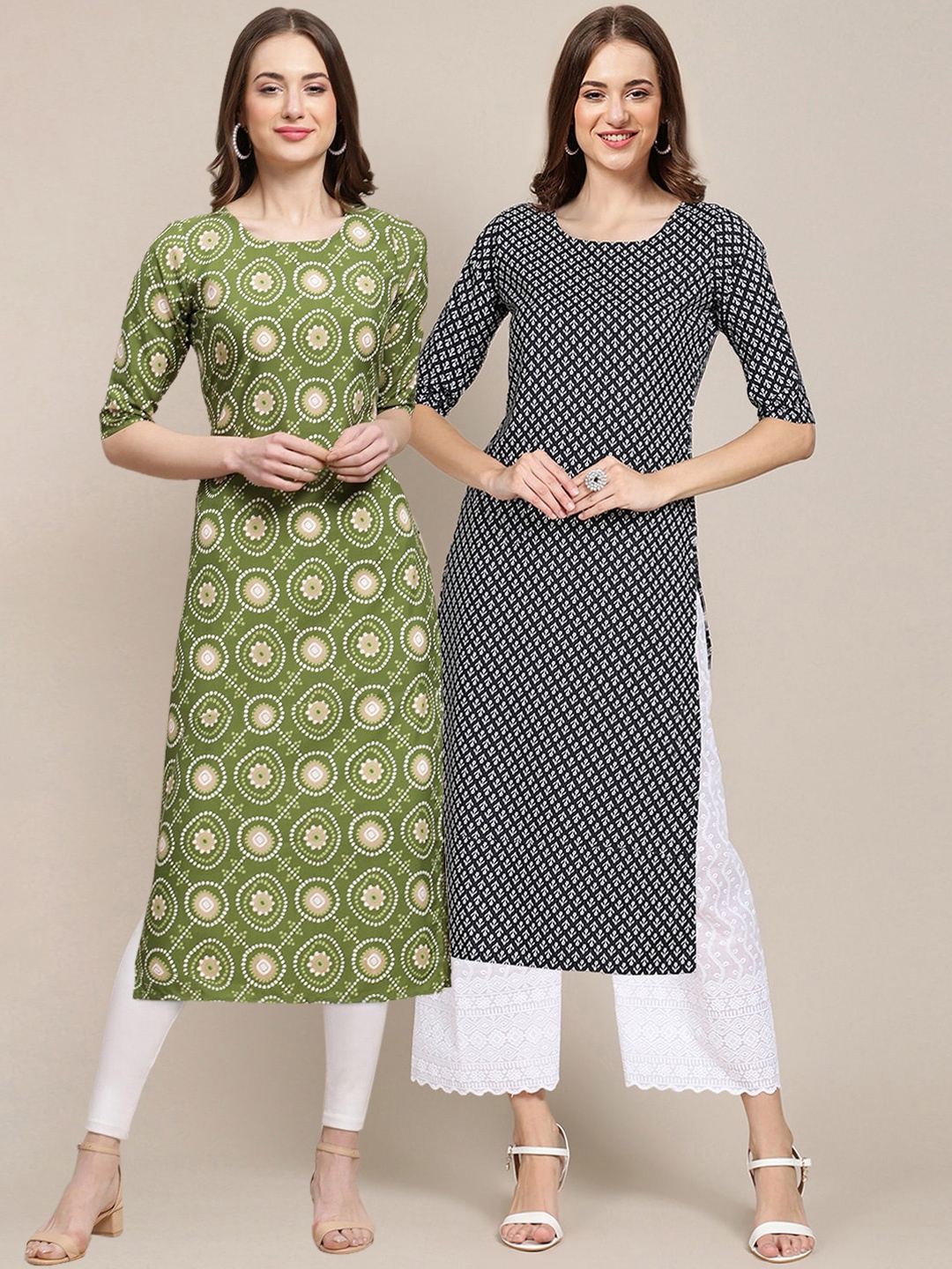 

7Threads Women Pack of 2 Printed Summer Sheers Crepe Kurta, Green