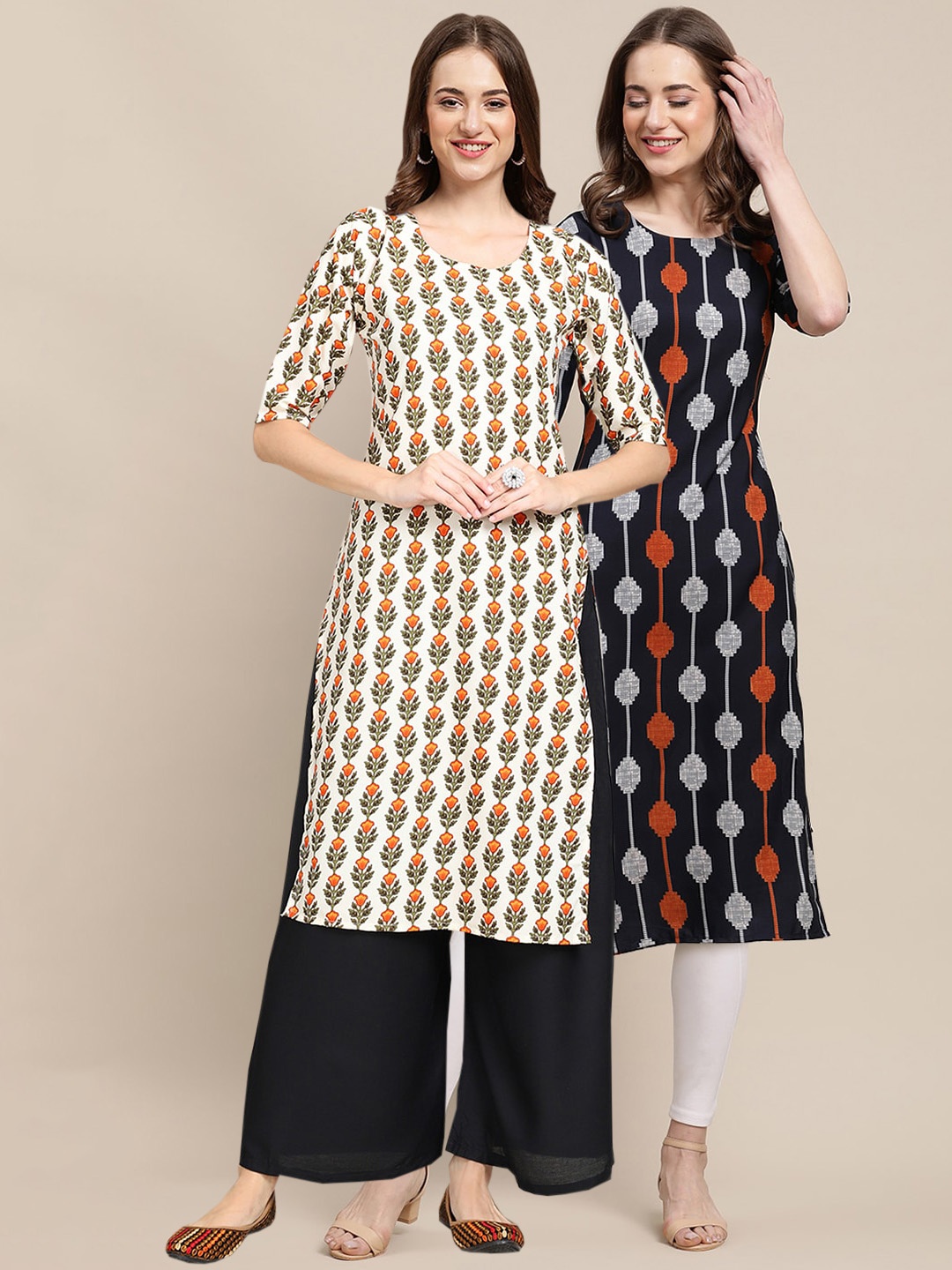 

7Threads Women Pack of 2 Printed Summer Sheers Crepe Kurta, Off white