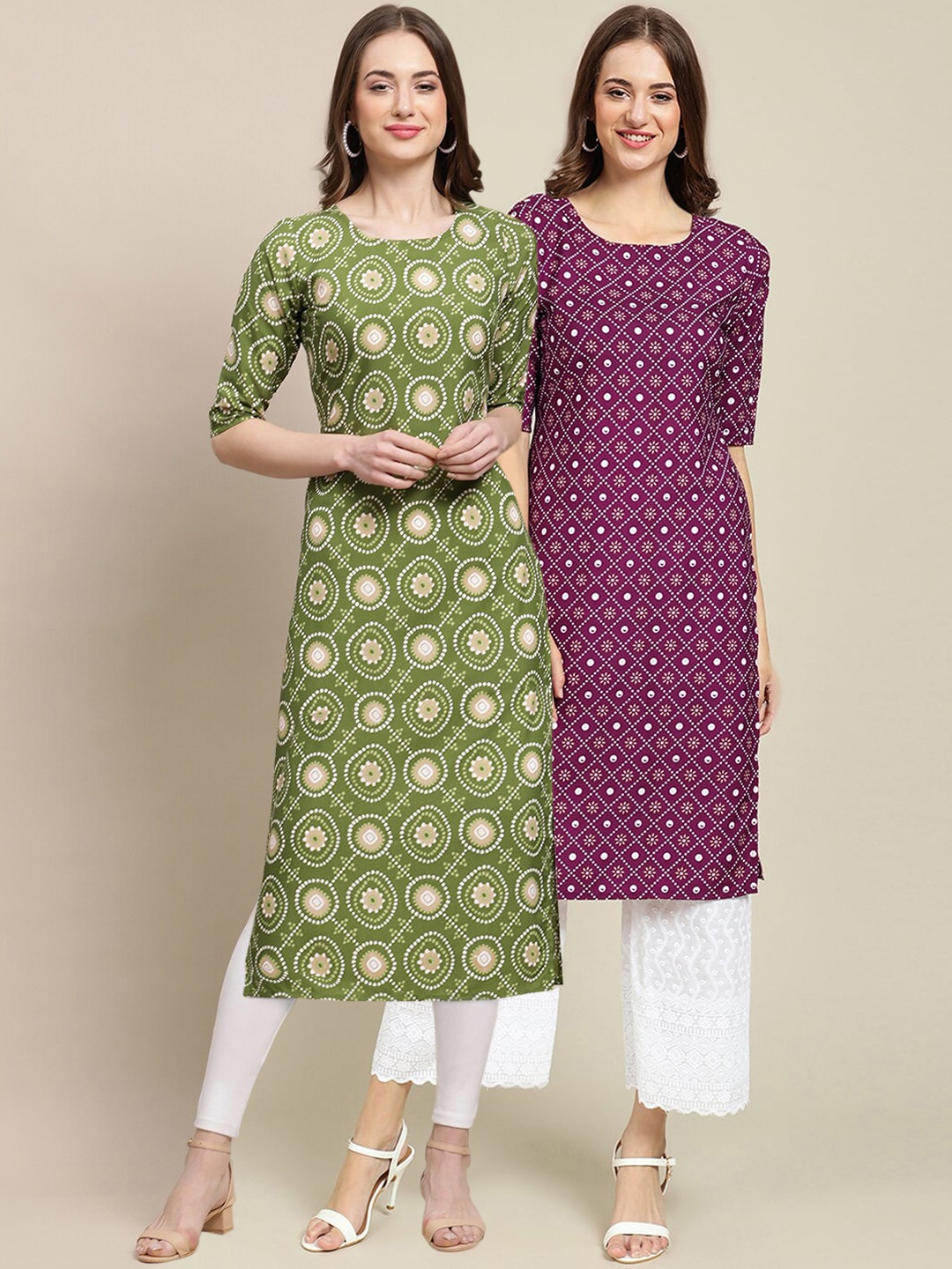 

7Threads Women Pack of 2 Printed Summer Sheers Crepe Kurta, Green