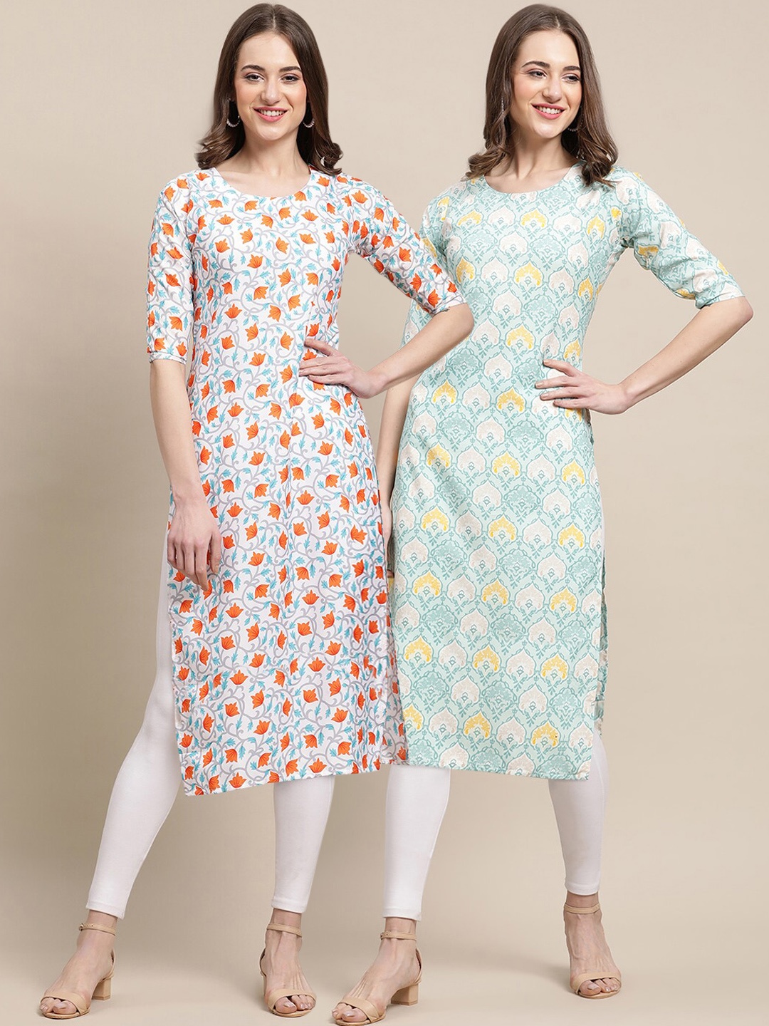 

7Threads Women Pack of 2 Printed Summer Sheers Crepe Kurta, White