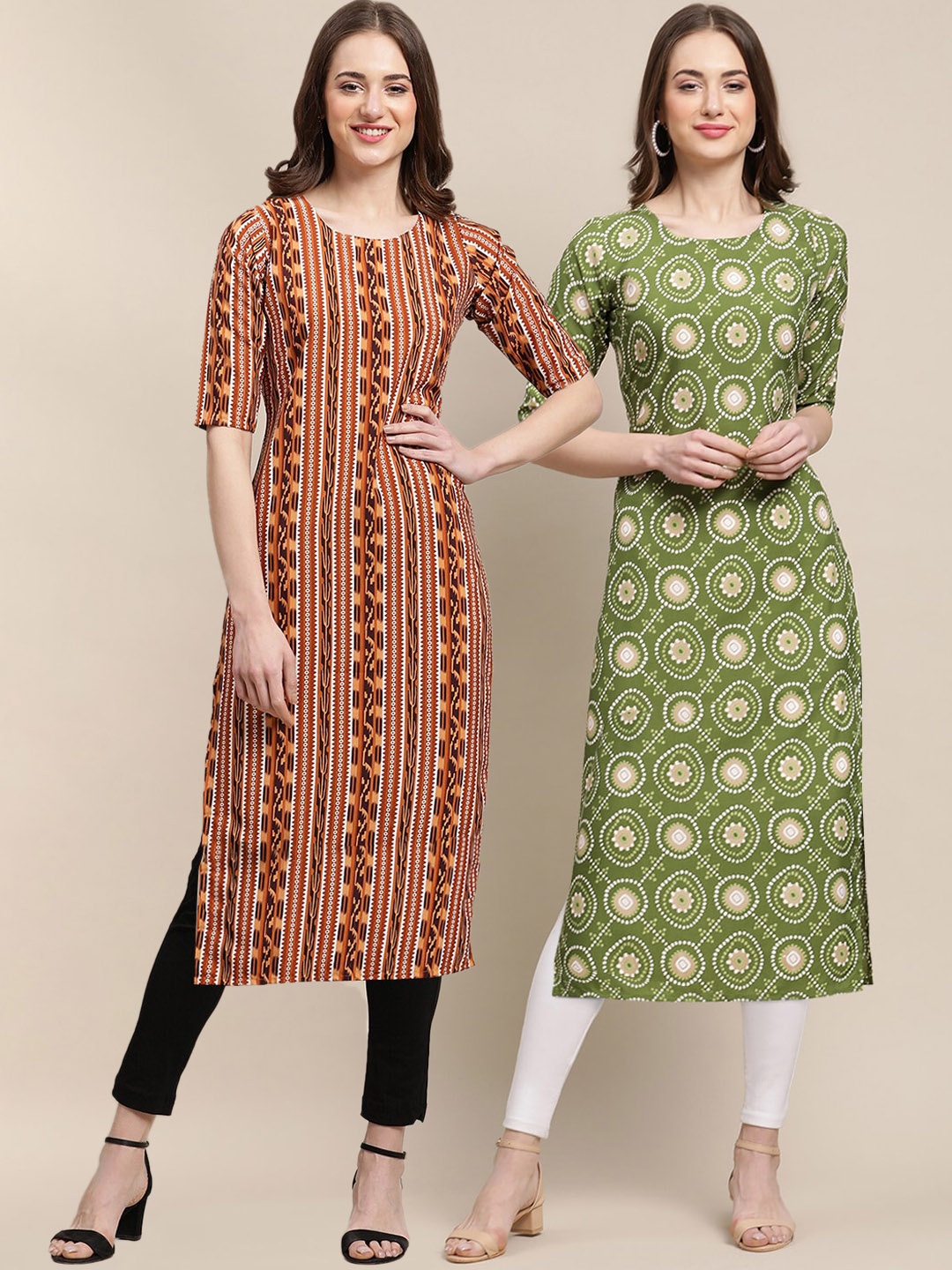 

7Threads PACK OF 2 Women Brown & Green Ethnic Motifs Printed Summer Sheers Crepe Kurta