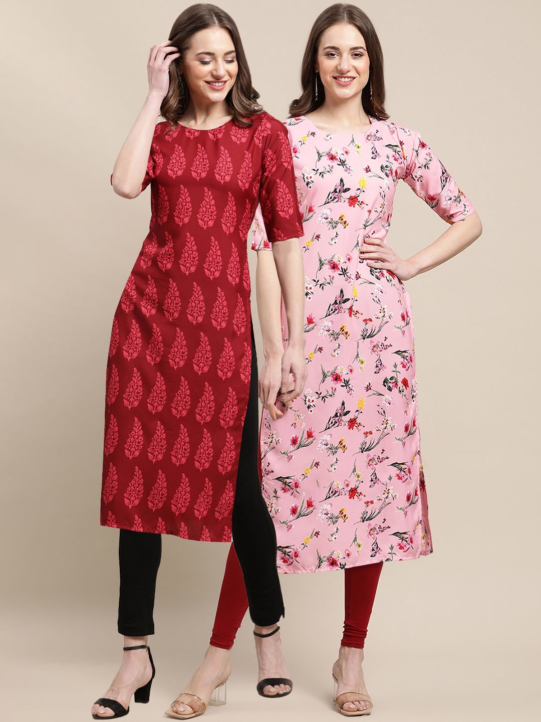 

7Threads Pack Of 2 Women Ethnic Motifs Printed Gotta Patti Summer Sheers Crepe Kurta, Red