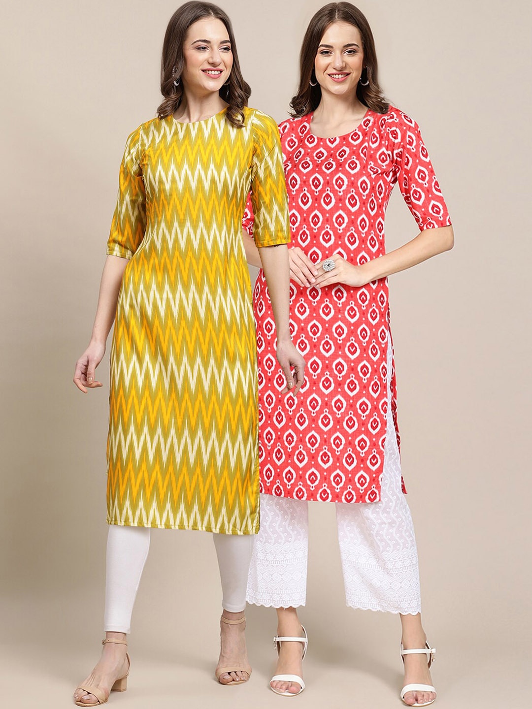 

7Threads PACK OF 2 Women Ethnic Motifs Printed Summer Sheers Crepe Kurta, Yellow