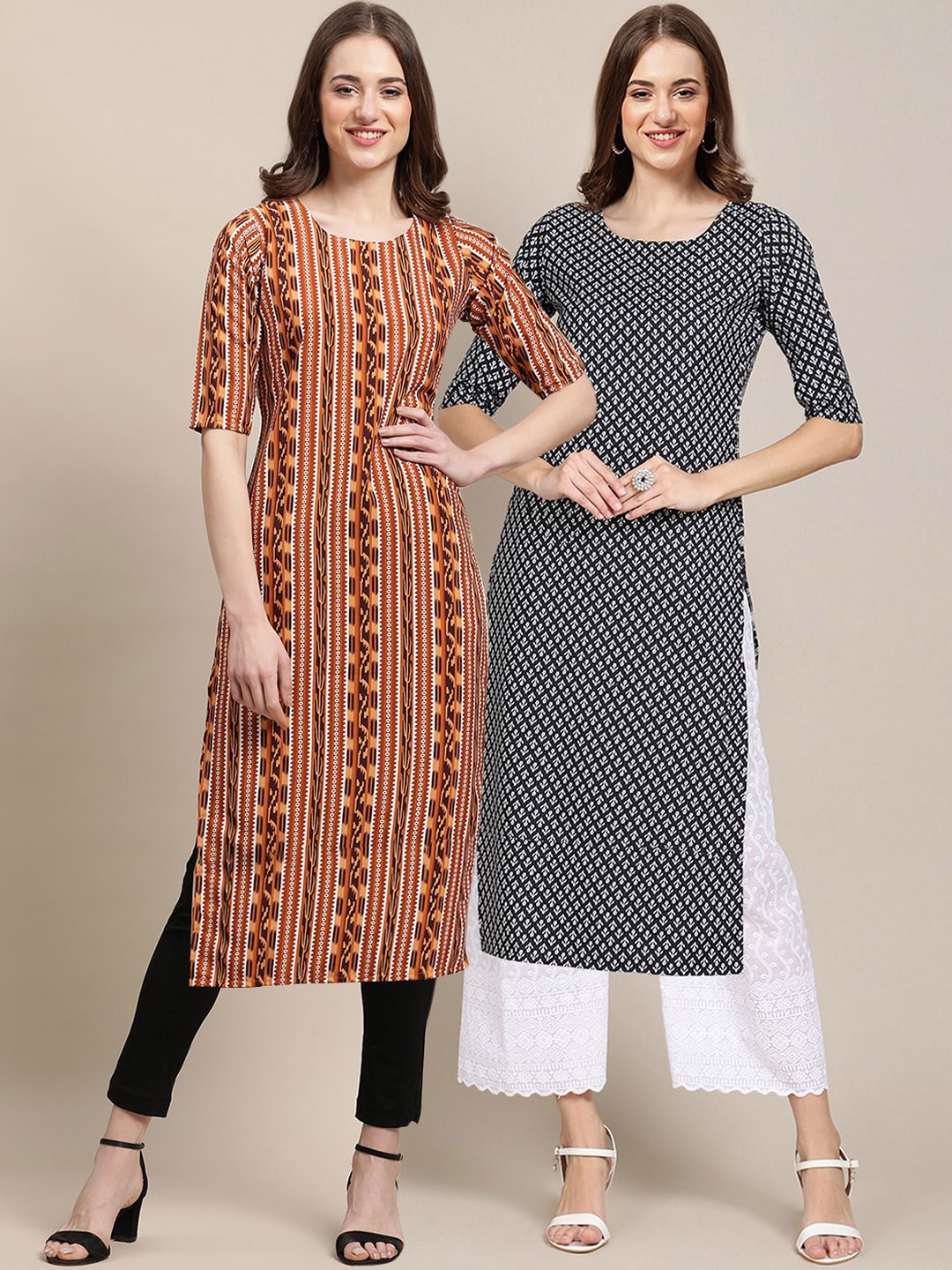 

7Threads Women Pack of 2 Maroon & Black Printed Crepe Kurta