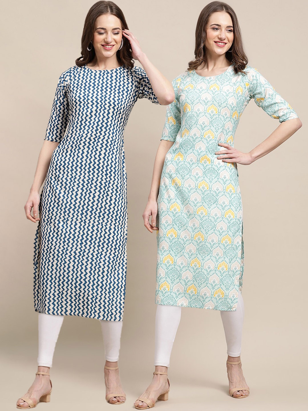

7Threads Women Pack of 2 Blue & Green Printed Crepe Kurta, Multi