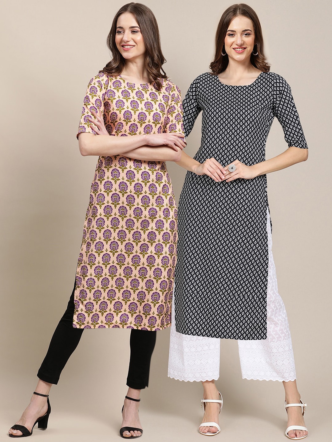 

7Threads Women Pack Of 2 Black & Beige Ethnic Motifs Printed Summer Sheers Crepe Kurta