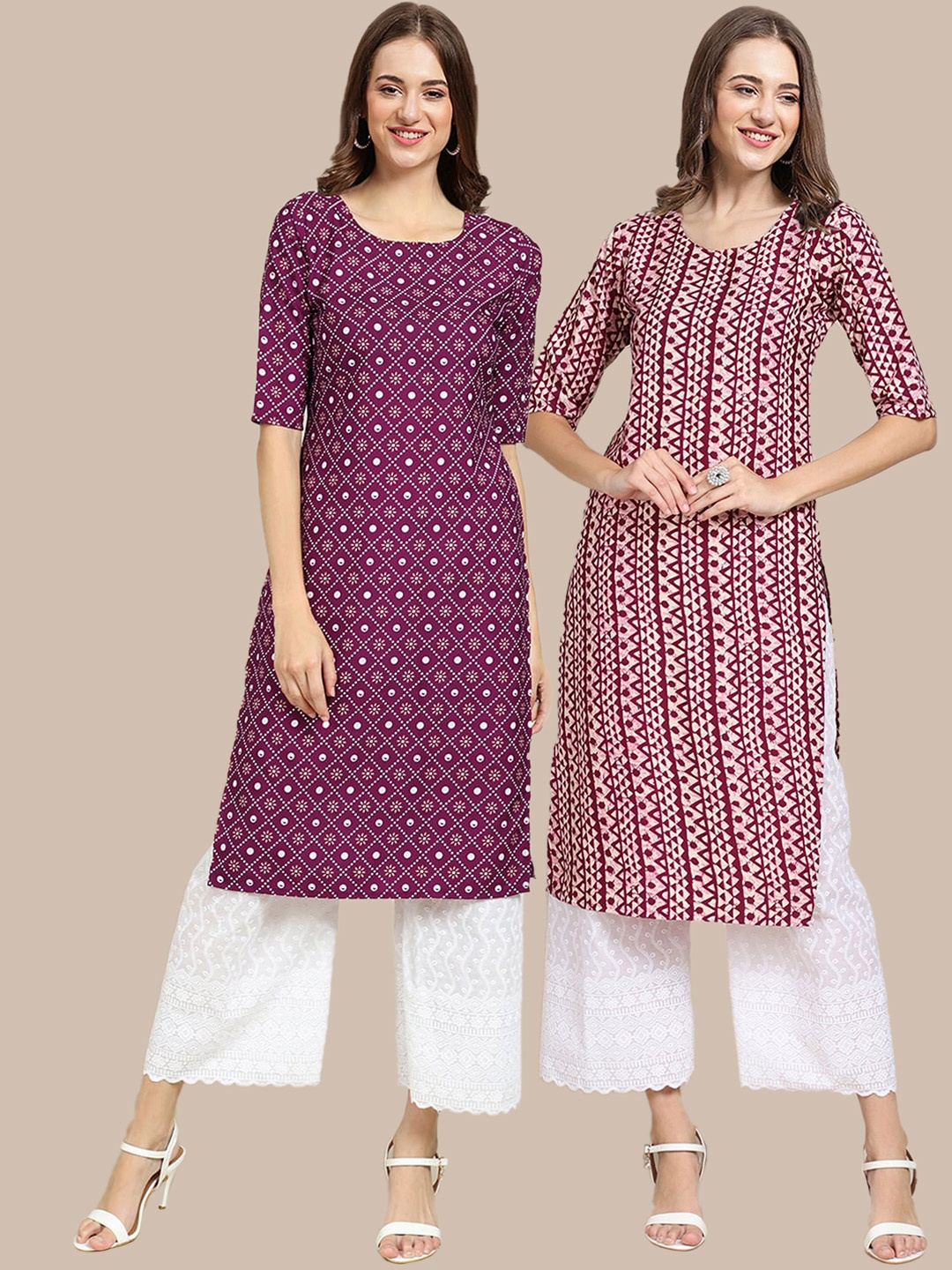 

7Threads Women Pack of 2 Burgundy & Maroon Printed Crepe Kurta