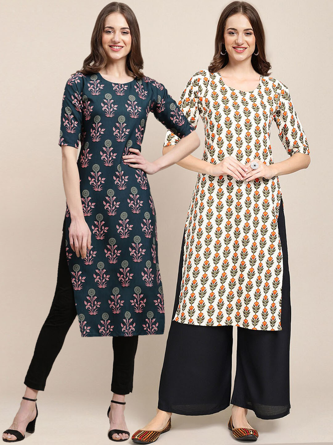 

7Threads Women Pack of 2 Teal & Beige Printed Crepe Kurta