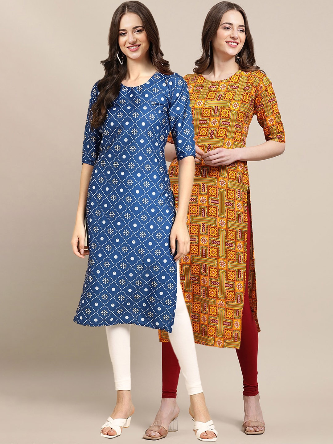 

7Threads Women Pack of 2 Blue & Mustard Printed Crepe Kurta