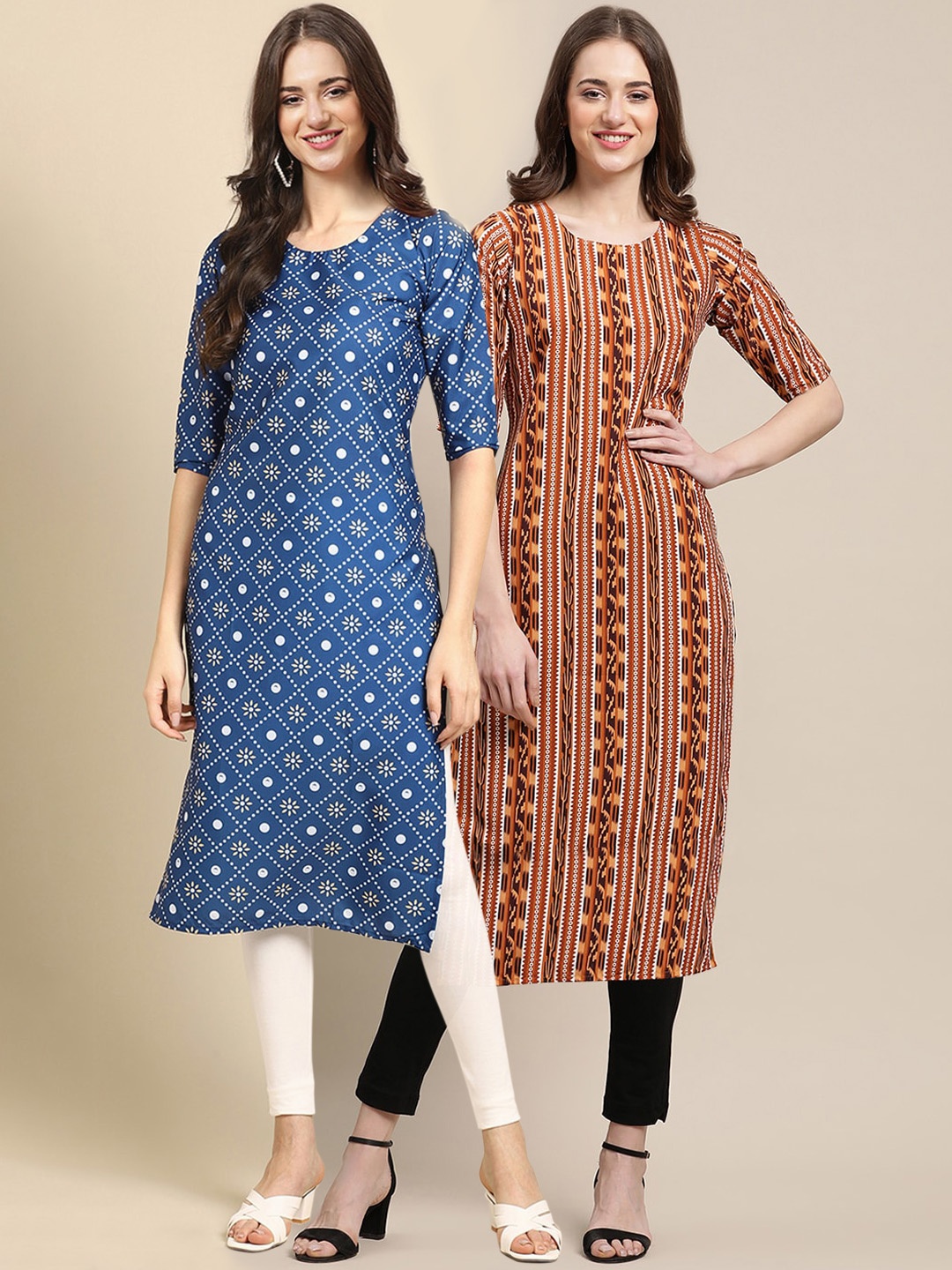 

7Threads Women Pack of 2 Printed Crepe Kurta, Blue