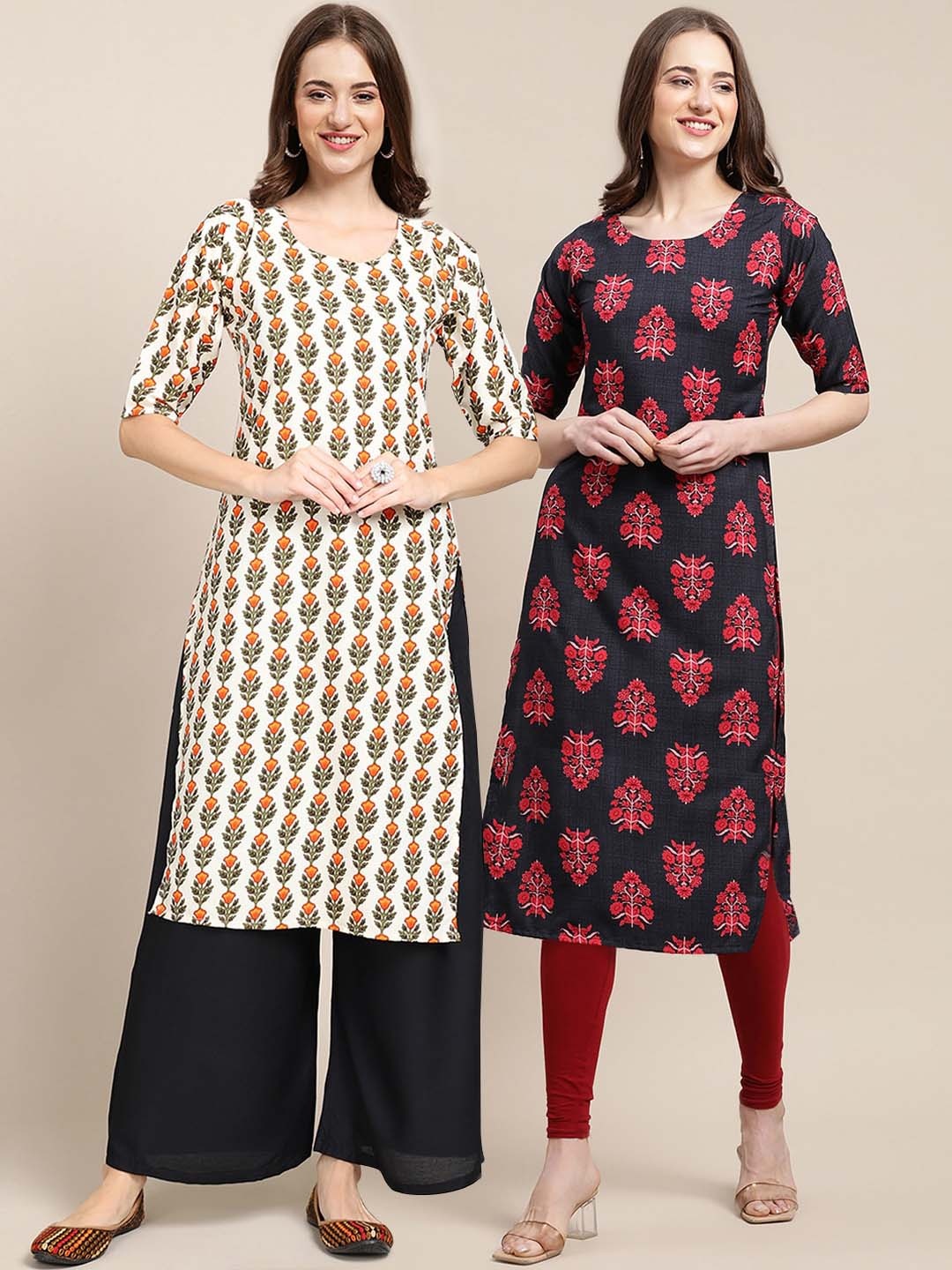 

7Threads Women Pack Of 2 Printed Block Print Summer Sheers Crepe Kurta, Black