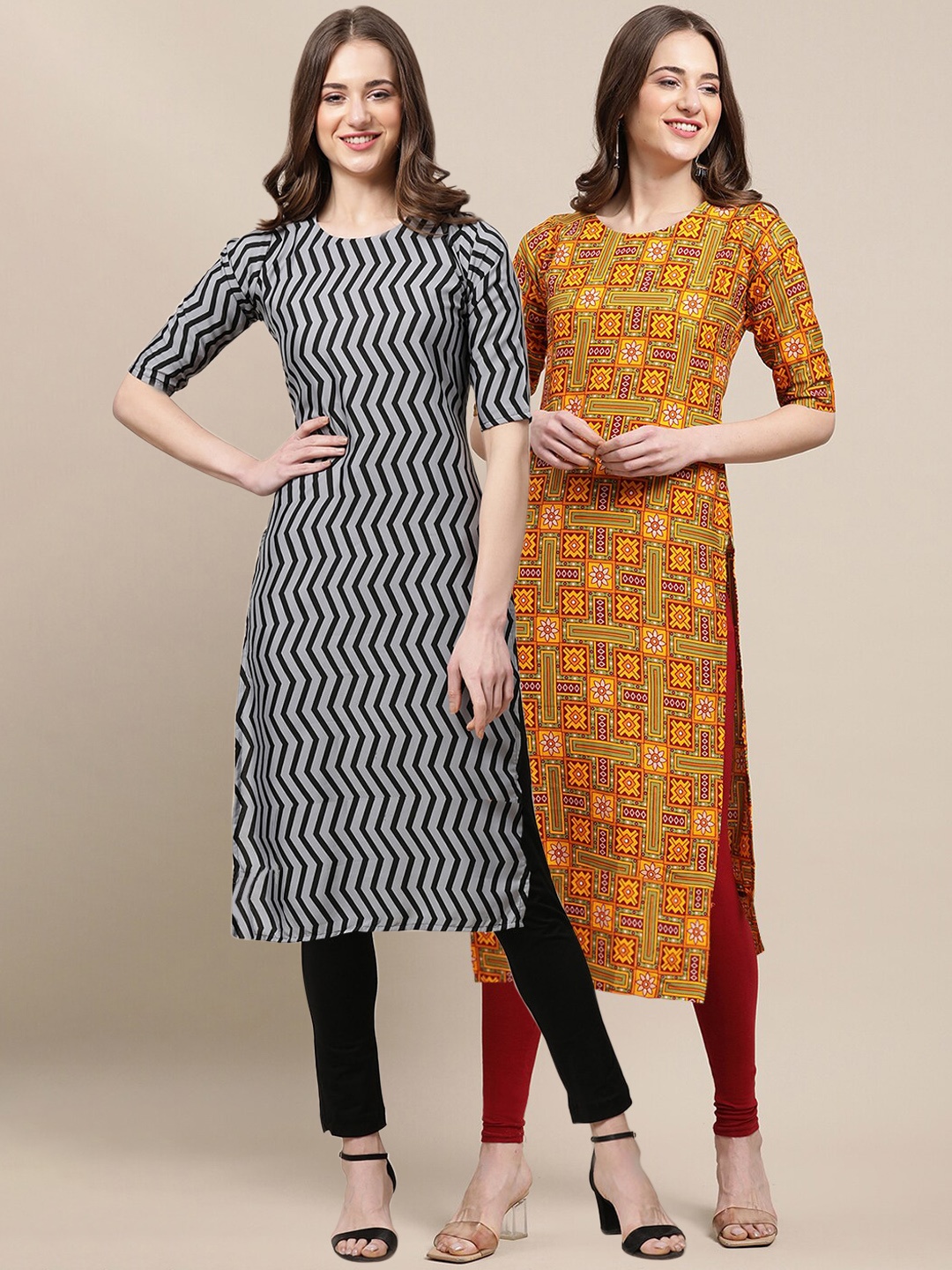 

7Threads Women Pack Of 2 Printed Block Print Summer Sheers Crepe Kurta, Black