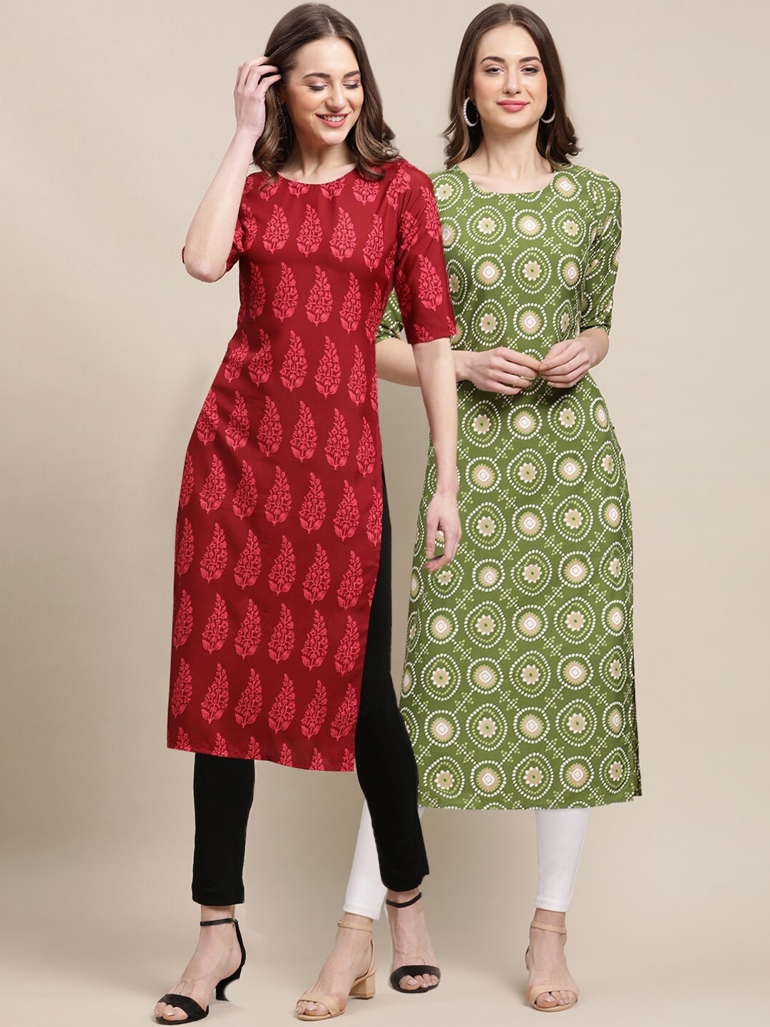 

7Threads Women Pack Of 2 Printed Block Print Summer Sheers Crepe Kurta, Maroon