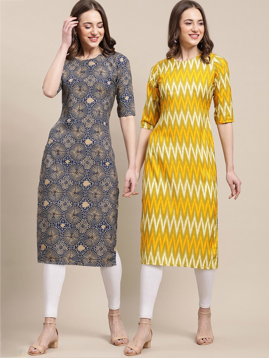

7Threads Women Pack Of 2 Printed Block Print Summer Sheers Crepe Kurta, Yellow