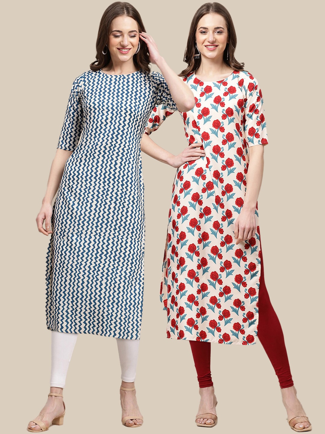 

7Threads Women Pack Of 2 Printed Block Print Summer Sheers Crepe Kurta, Navy blue