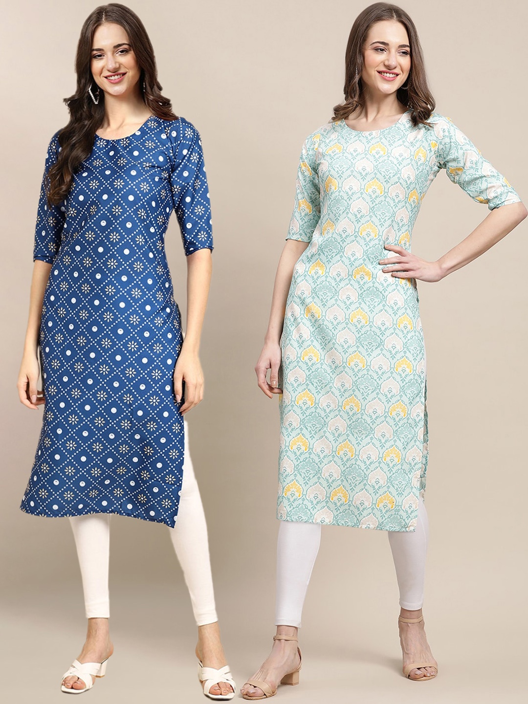 

7Threads Women Blue & Sea Green Set Of 2 Printed Crepe Kurta