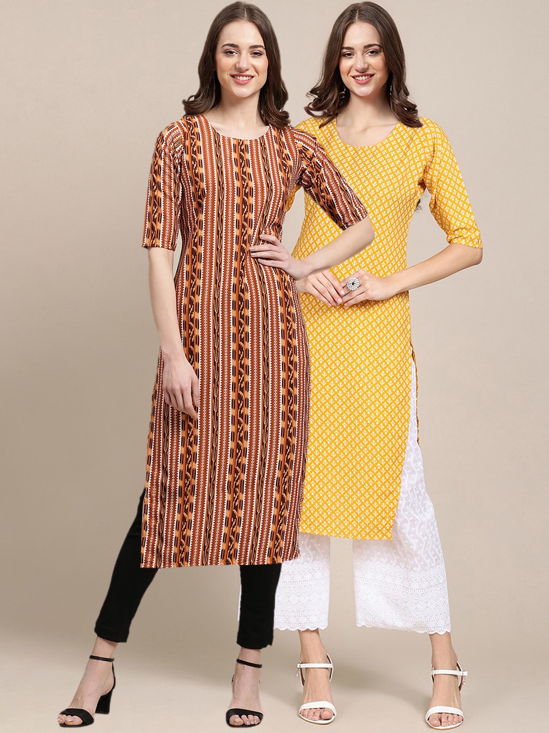 

7Threads Women Yellow & Orange Set Of 2 Ethnic Motifs Printed Crepe Kurta