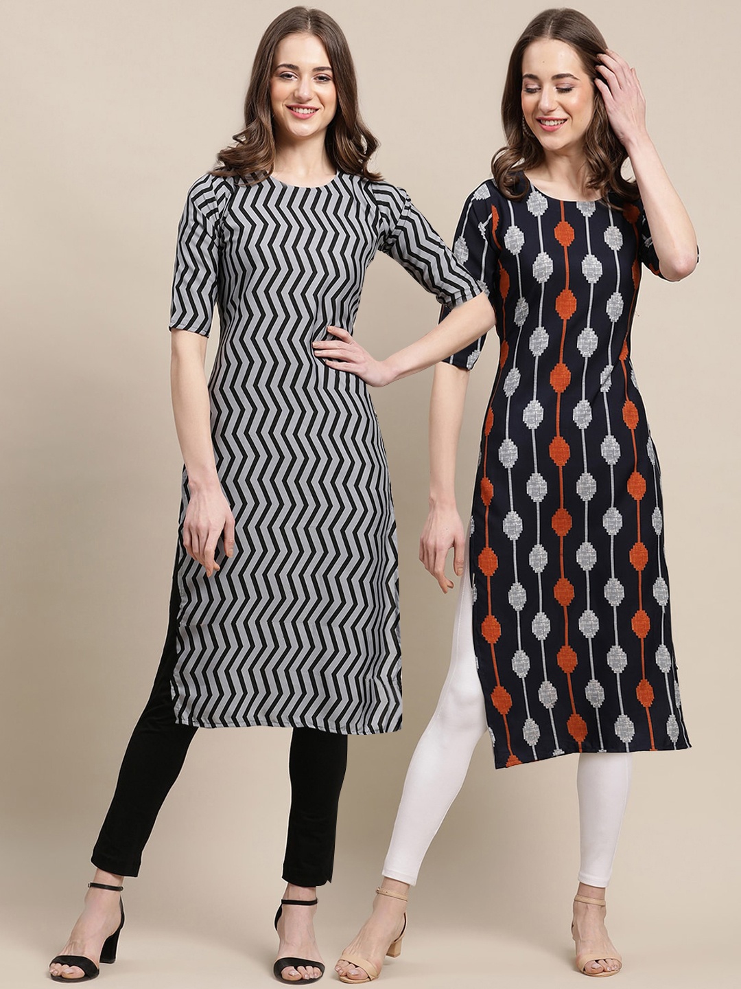 

7Threads Women Black & Grey Set Of 2 Ethnic Motifs Printed Crepe Kurta