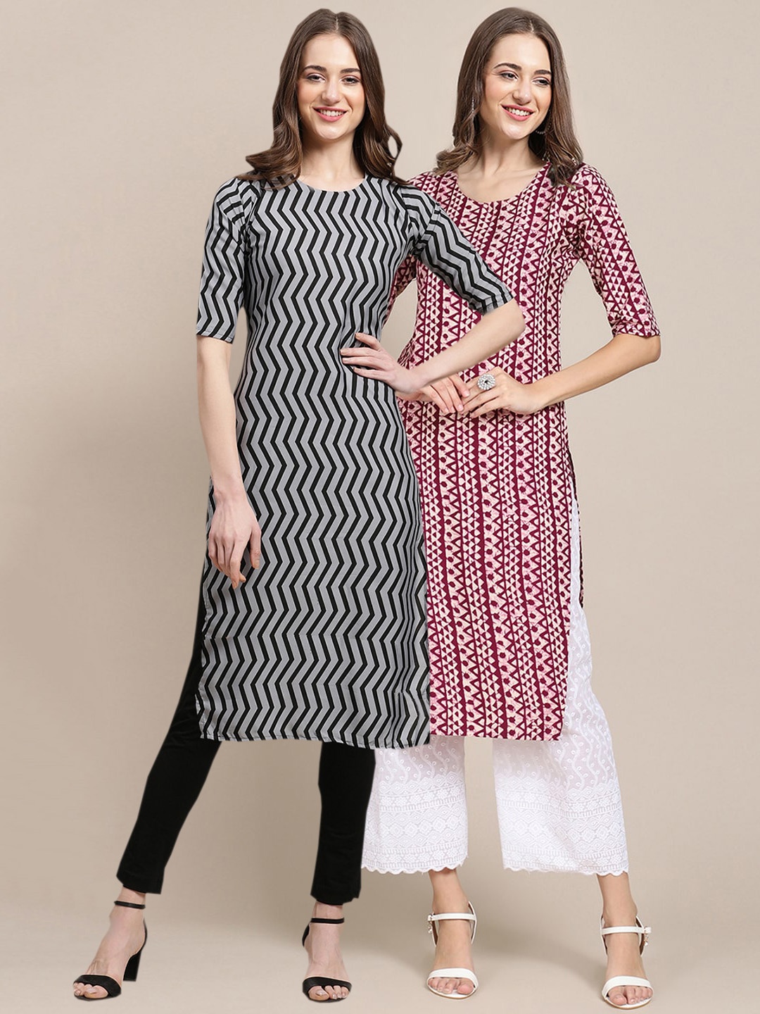 

7Threads Women Black & Maroon Set Of 2 Printed Crepe Kurta