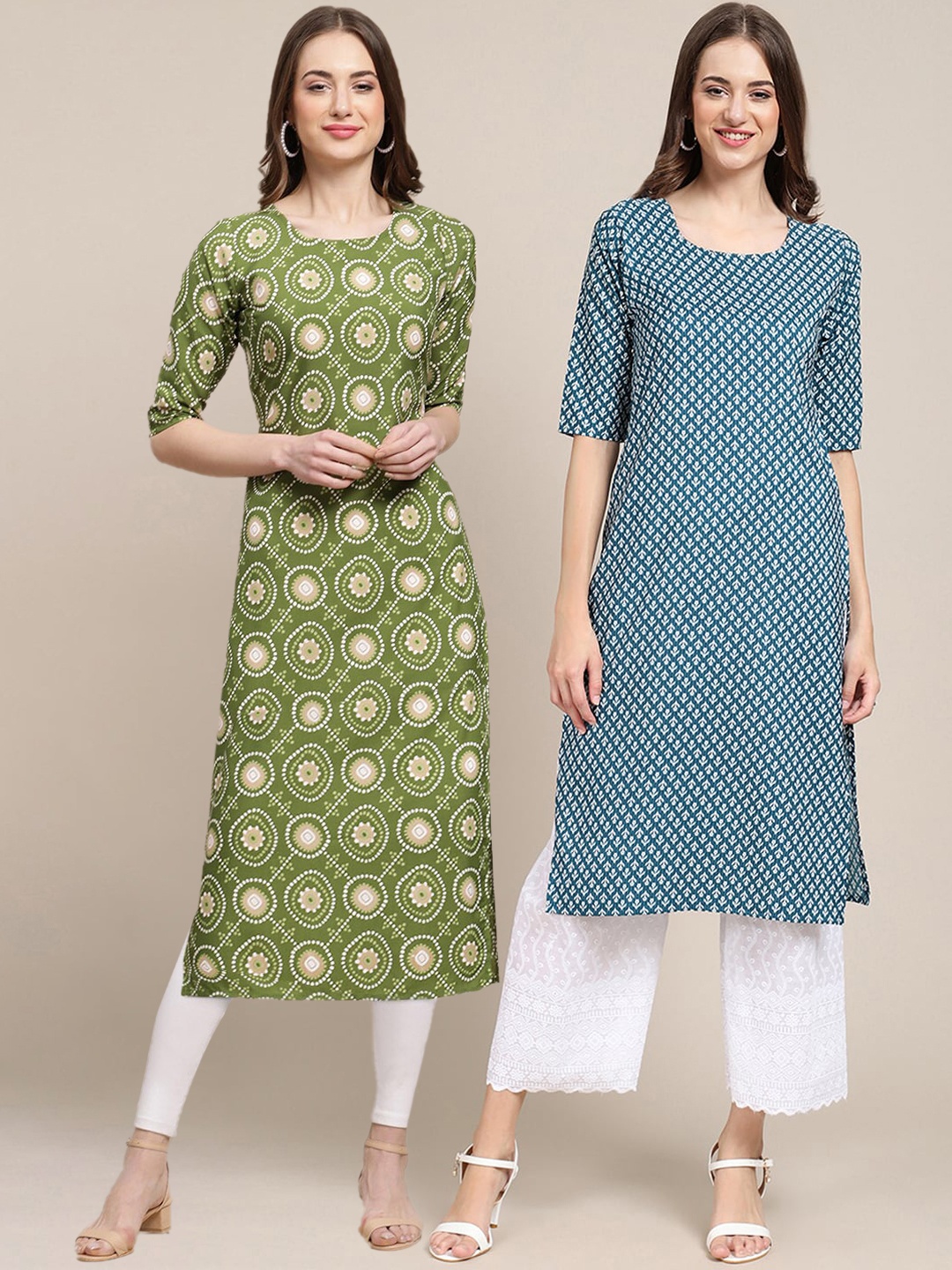 

7Threads Women Pack of 2 Geometric Printed Crepe Kurta, Olive