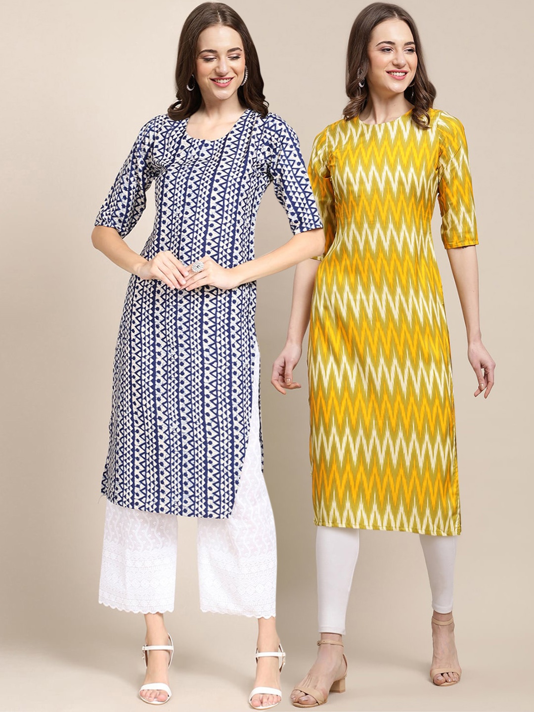 

7Threads Women Pack of 2 Geometric Printed Crepe Kurta, Black