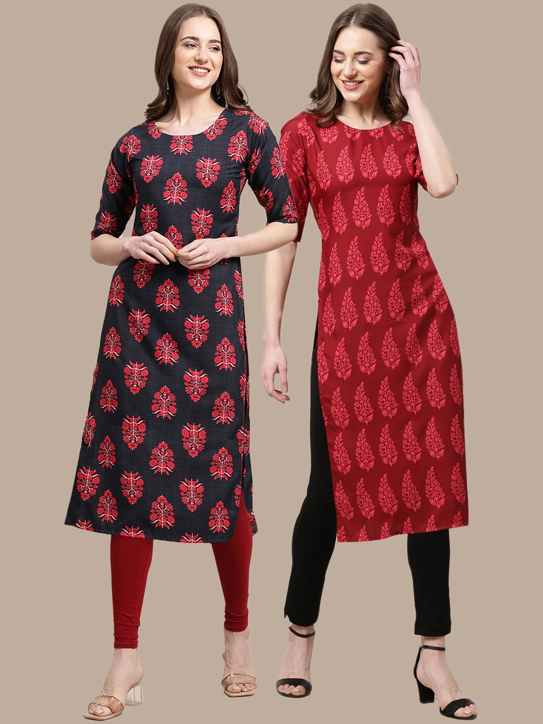 

7Threads Women Pack of 2 Geometric Printed Crepe Kurta, Black