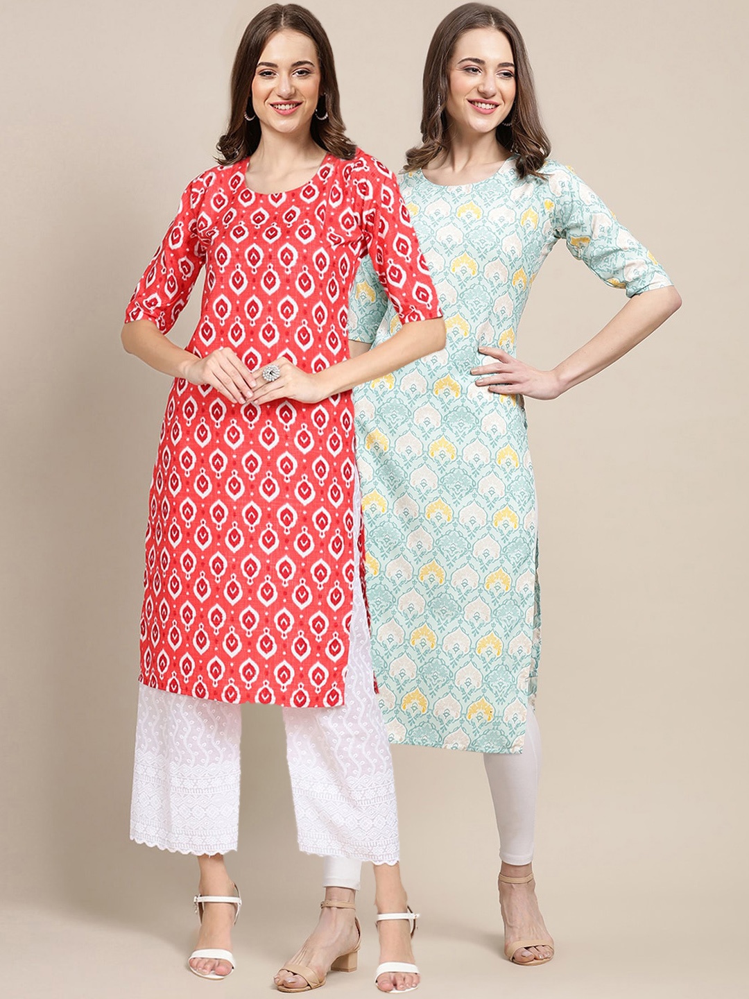 

7Threads Women Pack Of 2 Ethnic Motifs Printed Crepe Kurta, Coral