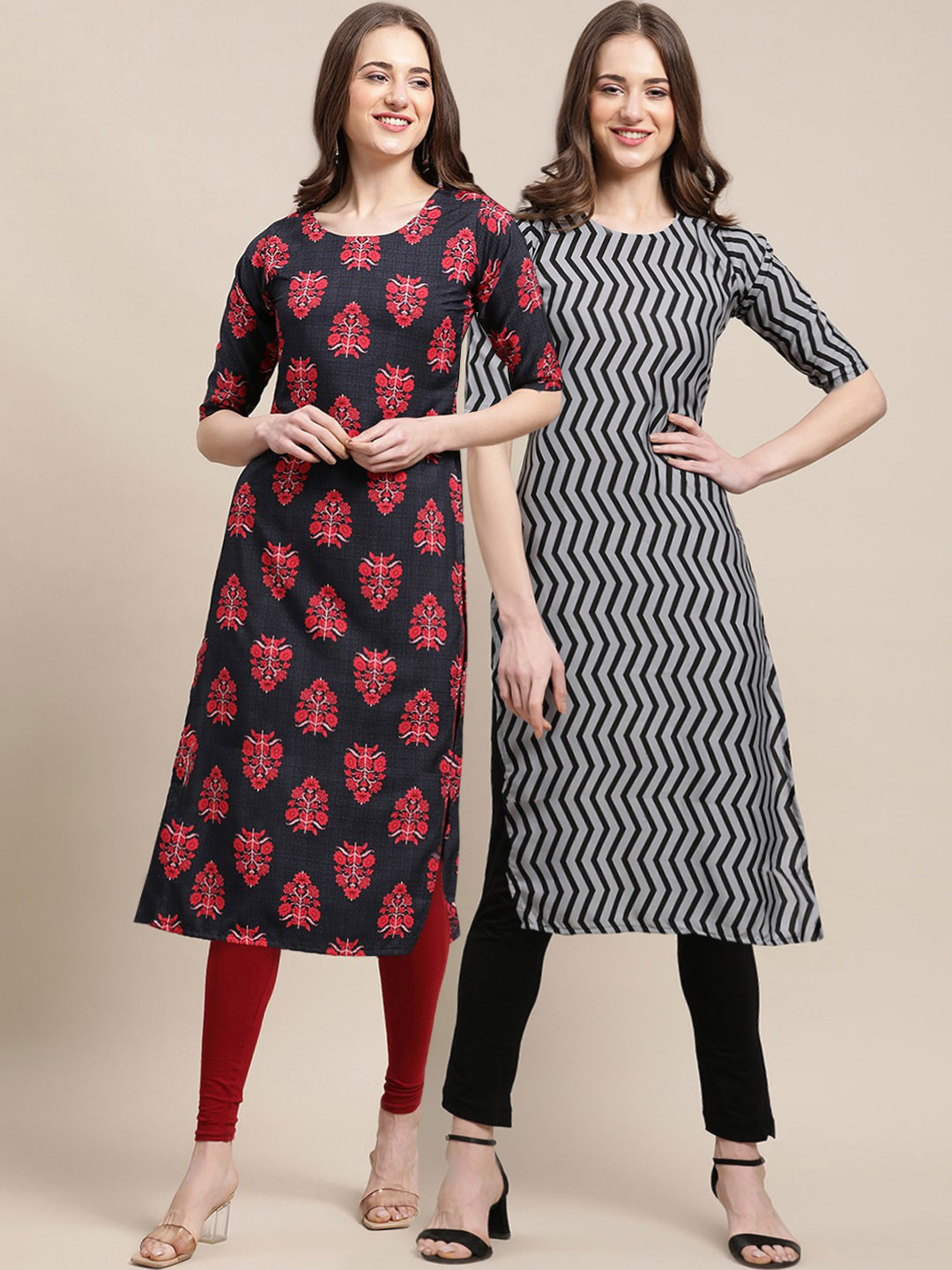 

7Threads Women Pack of 2 Geometric Printed Crepe Kurta, Red