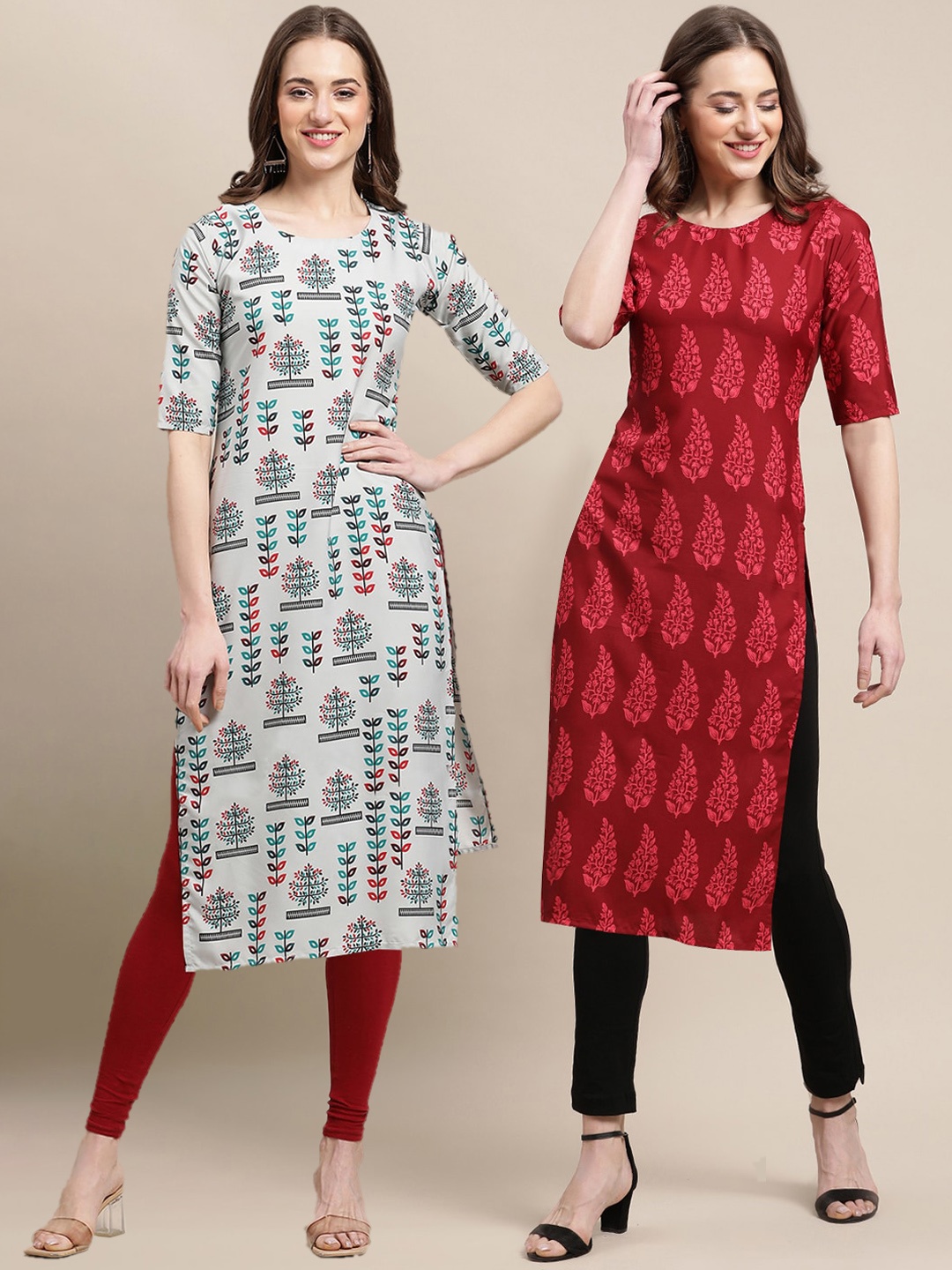 

7Threads Women Pack Of 2 Ethnic Motifs Printed Crepe Kurta, Red