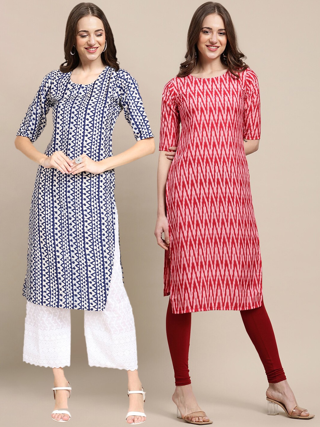 

7Threads Women Pack of 2 Blue & Red Geometric Printed Crepe Kurta