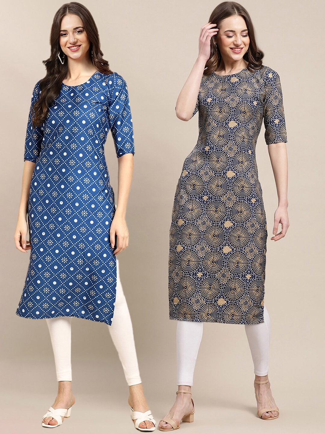 

7Threads Women Pack Of 2 Blue & Grey Printed Summer Sheers Crepe Kurtas