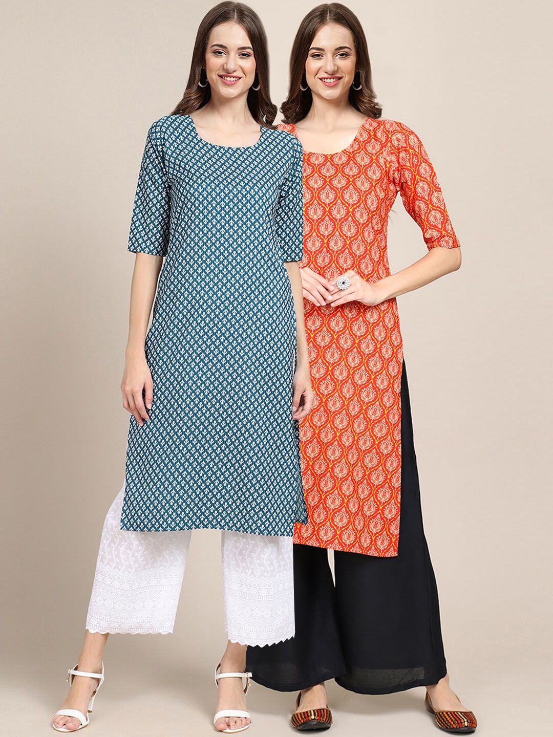 

7Threads Women Pack of 2 Geometric Printed Crepe Kurta, Blue