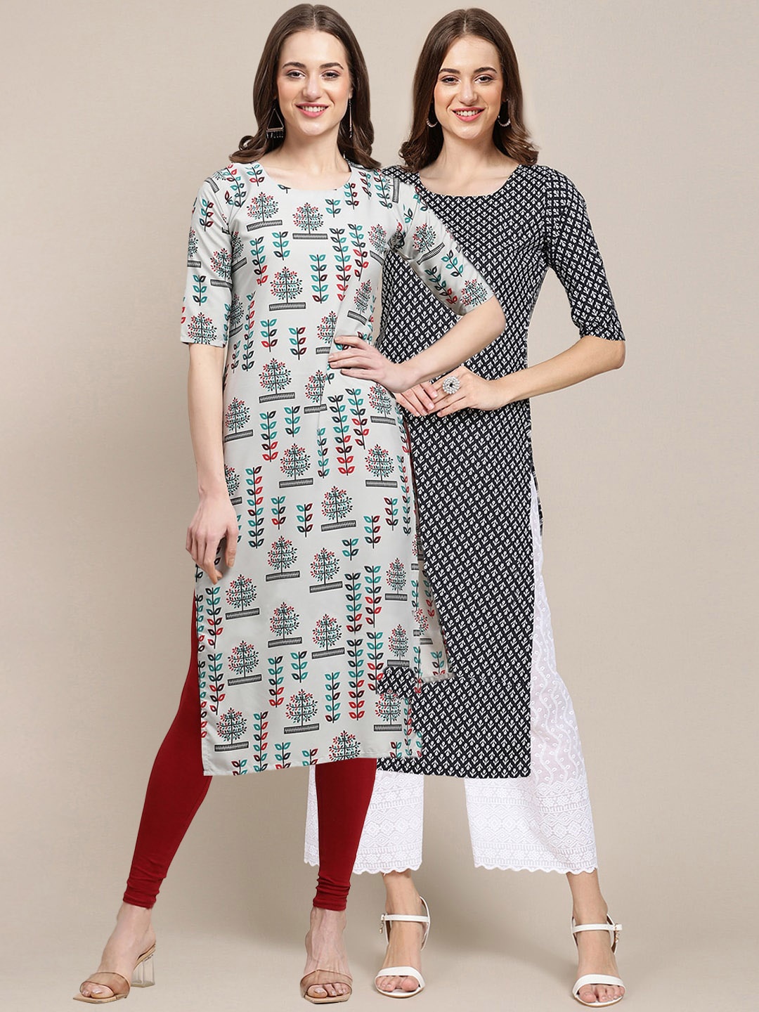 

7Threads Women Pack of 2 Geometric Printed Crepe Kurta, Cream