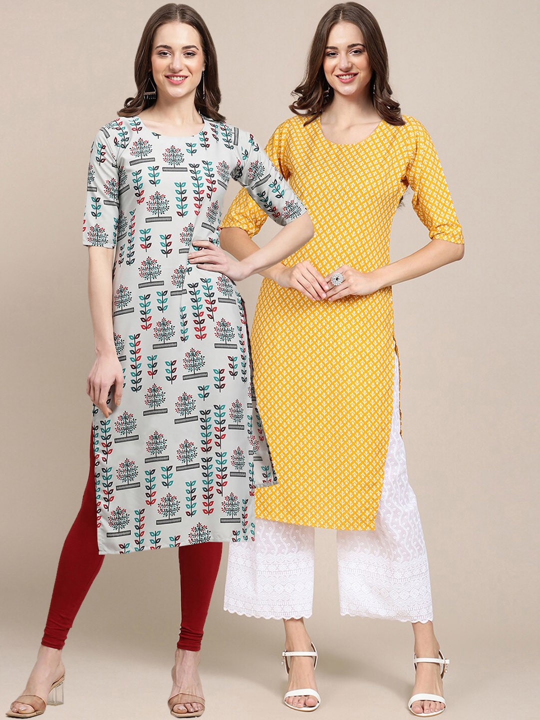 

7Threads Women Pack of 2 Geometric Printed Crepe Kurta, Grey
