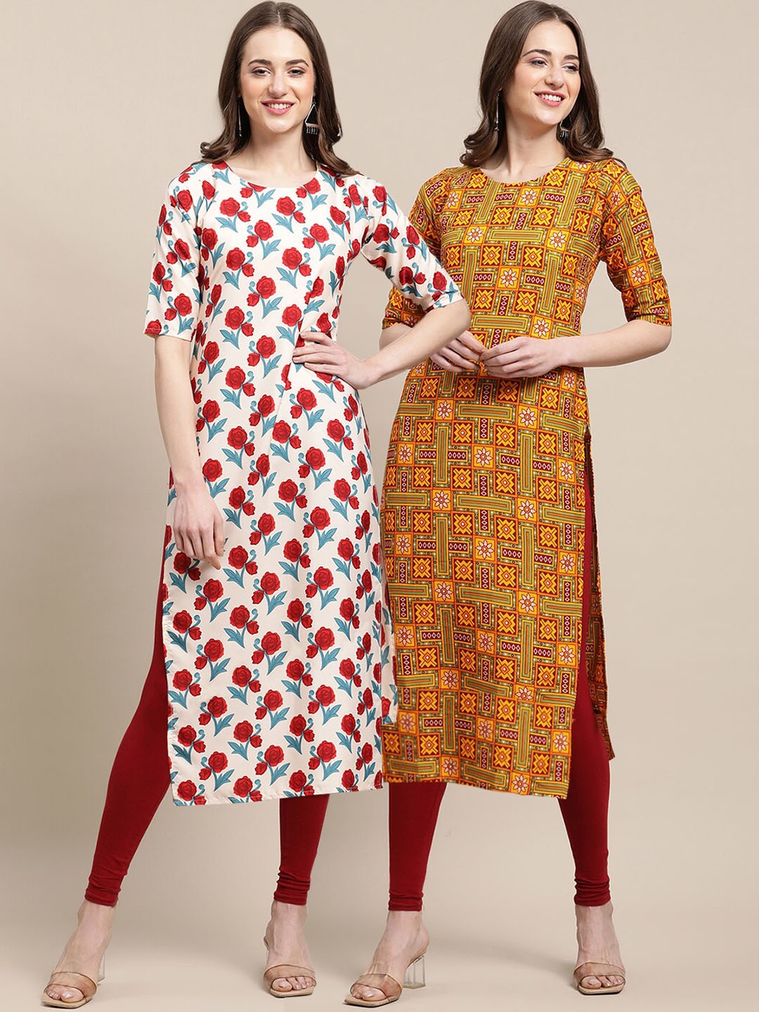 

7Threads Women Pack of 2 Geometric Printed Crepe Kurta, Pink