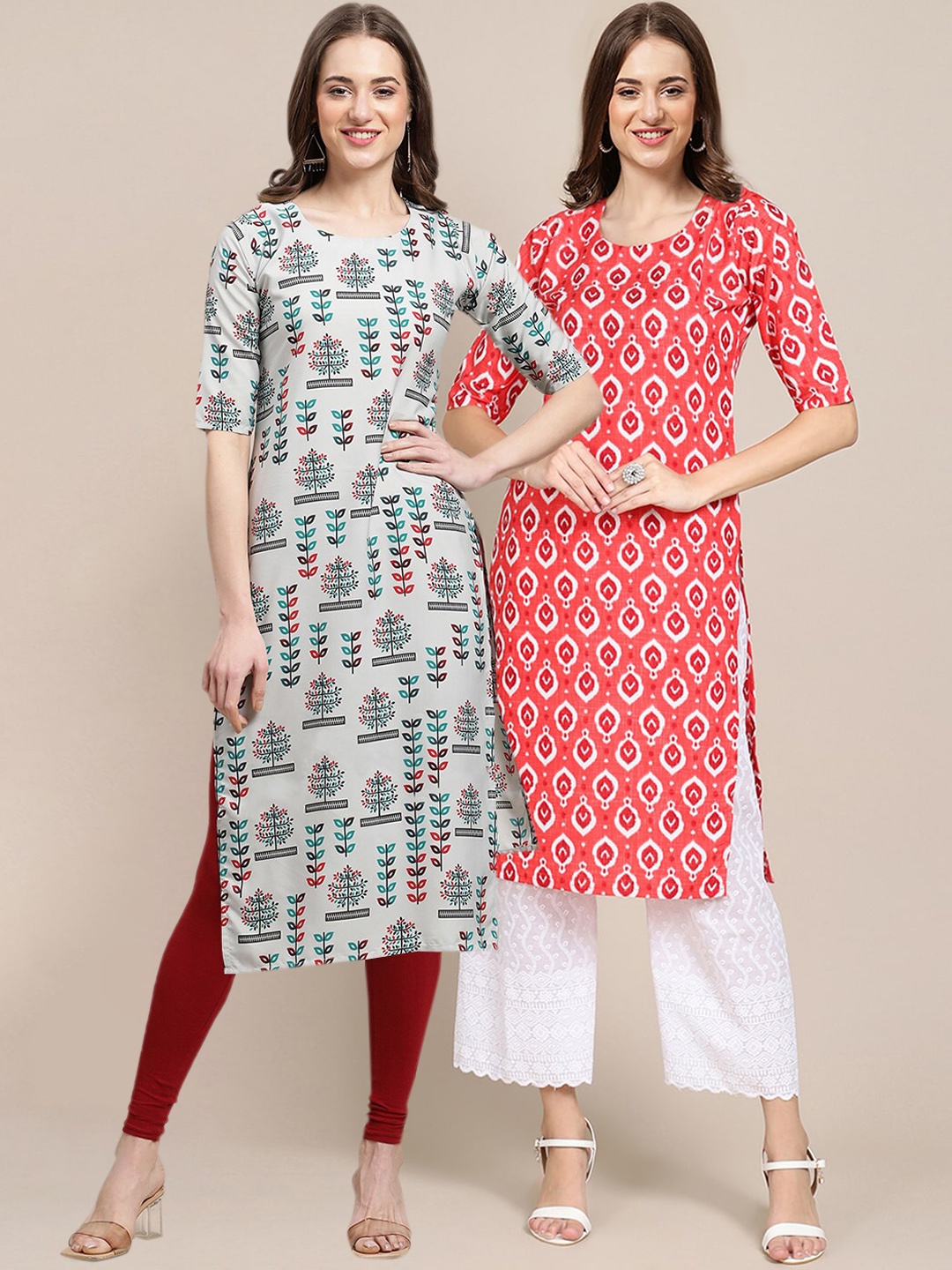 

7Threads Women Pack Of 2 Ethnic Motifs Printed Crepe Kurta, Pink