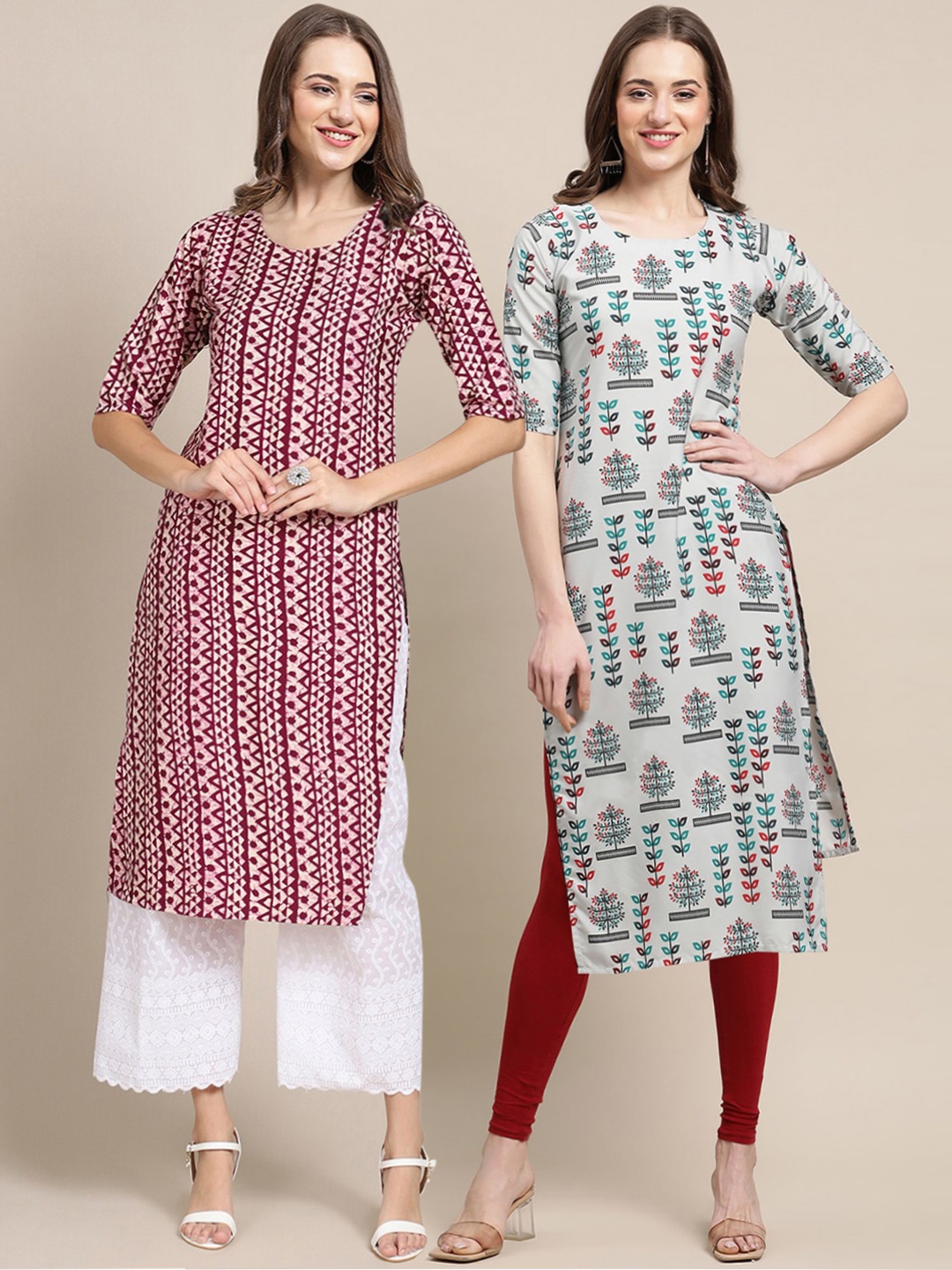 

7Threads Women Pack Of 2 Ethnic Motifs Printed Crepe Kurta, Grey