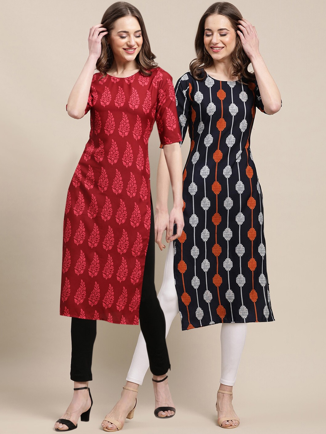 

7Threads Women Pack Of 2 Ethnic Motifs Printed Crepe Kurta, Red