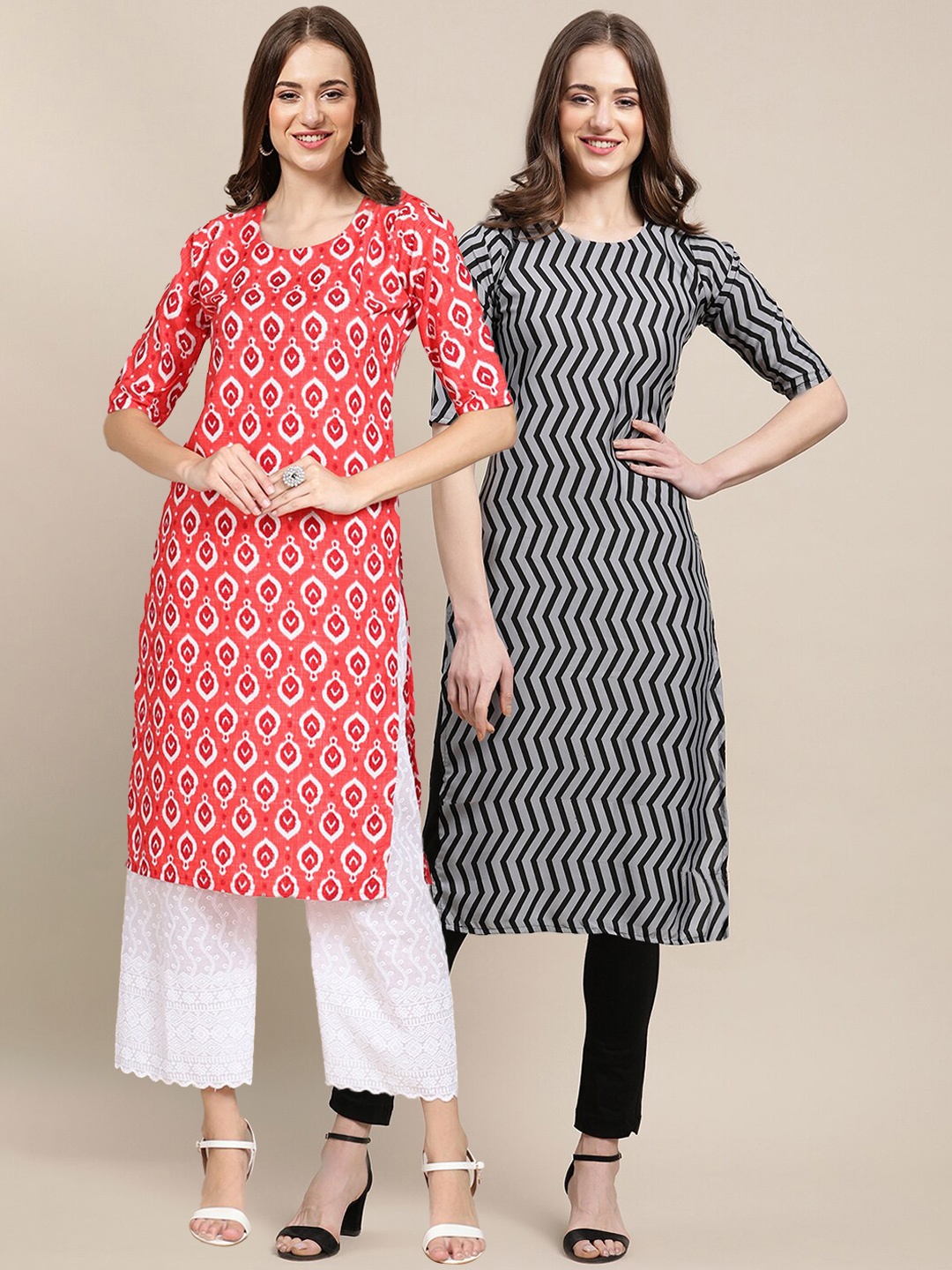 

7Threads Women Pack Of 2 Ethnic Motifs Printed Crepe Kurta, Coral