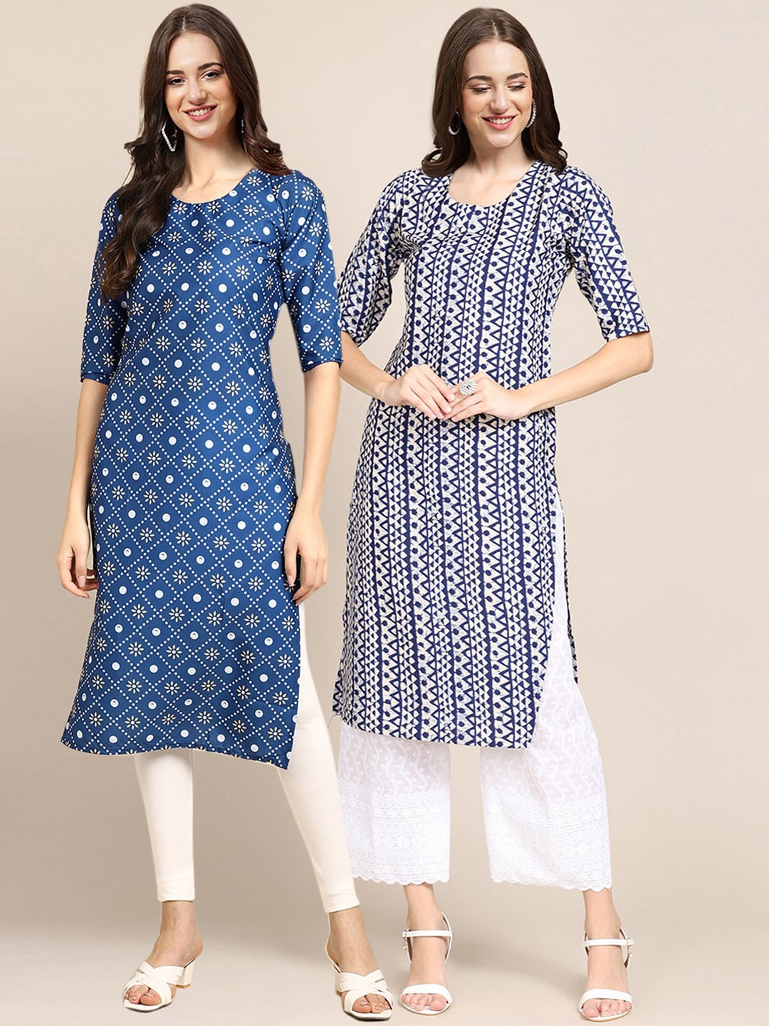 

7Threads Women Pack Of 2 Blue & White Ethnic Motifs Printed Crepe Kurta