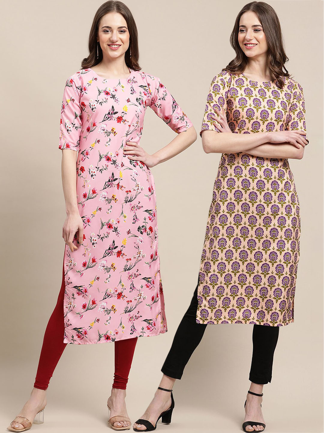 

7Threads Women Pack Of 2 Floral Printed Crepe Kurta, Pink