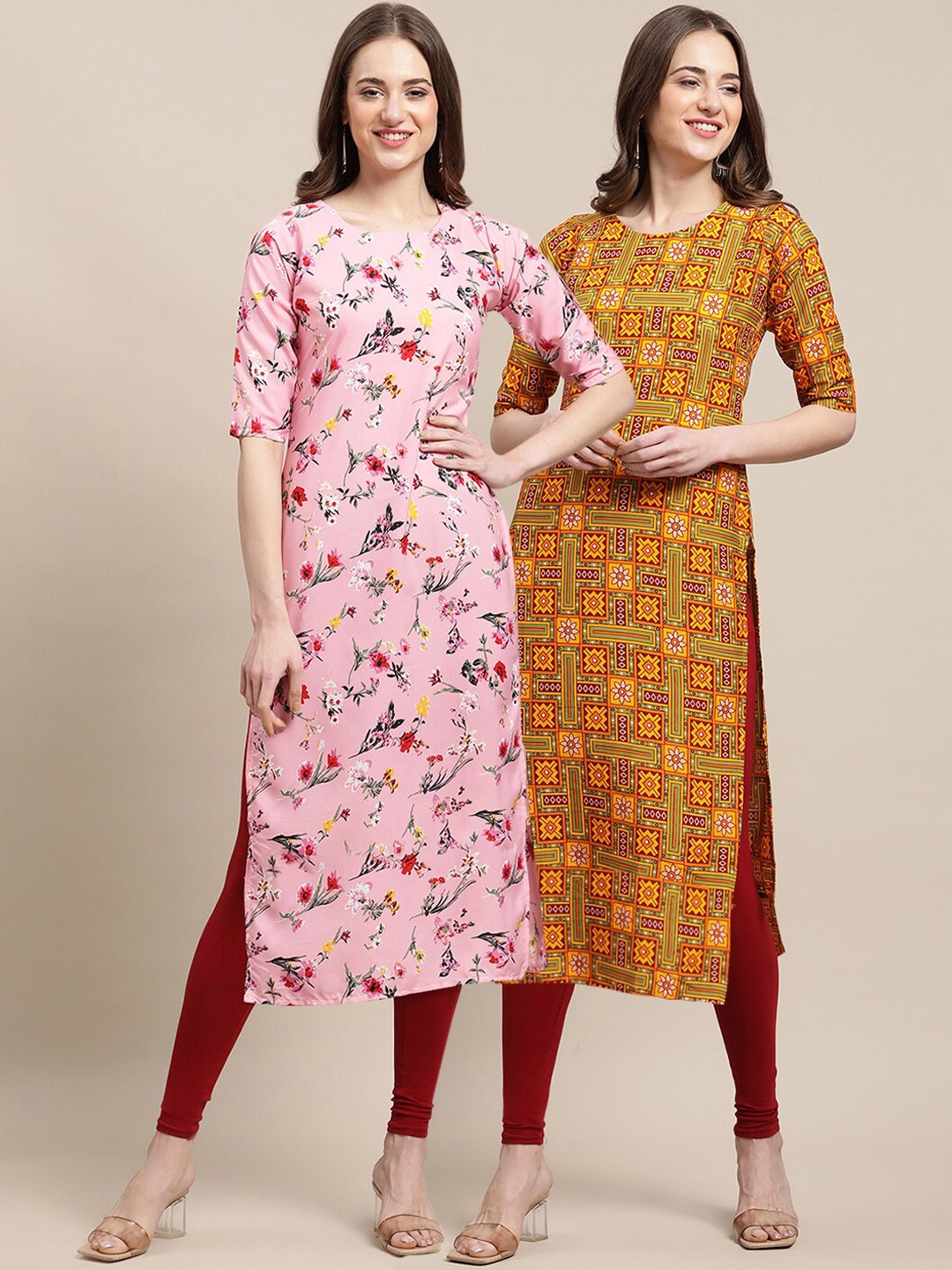 

7Threads Women Pack of 2 Pink & Mustard Yellow Printed Crepe Kurtas