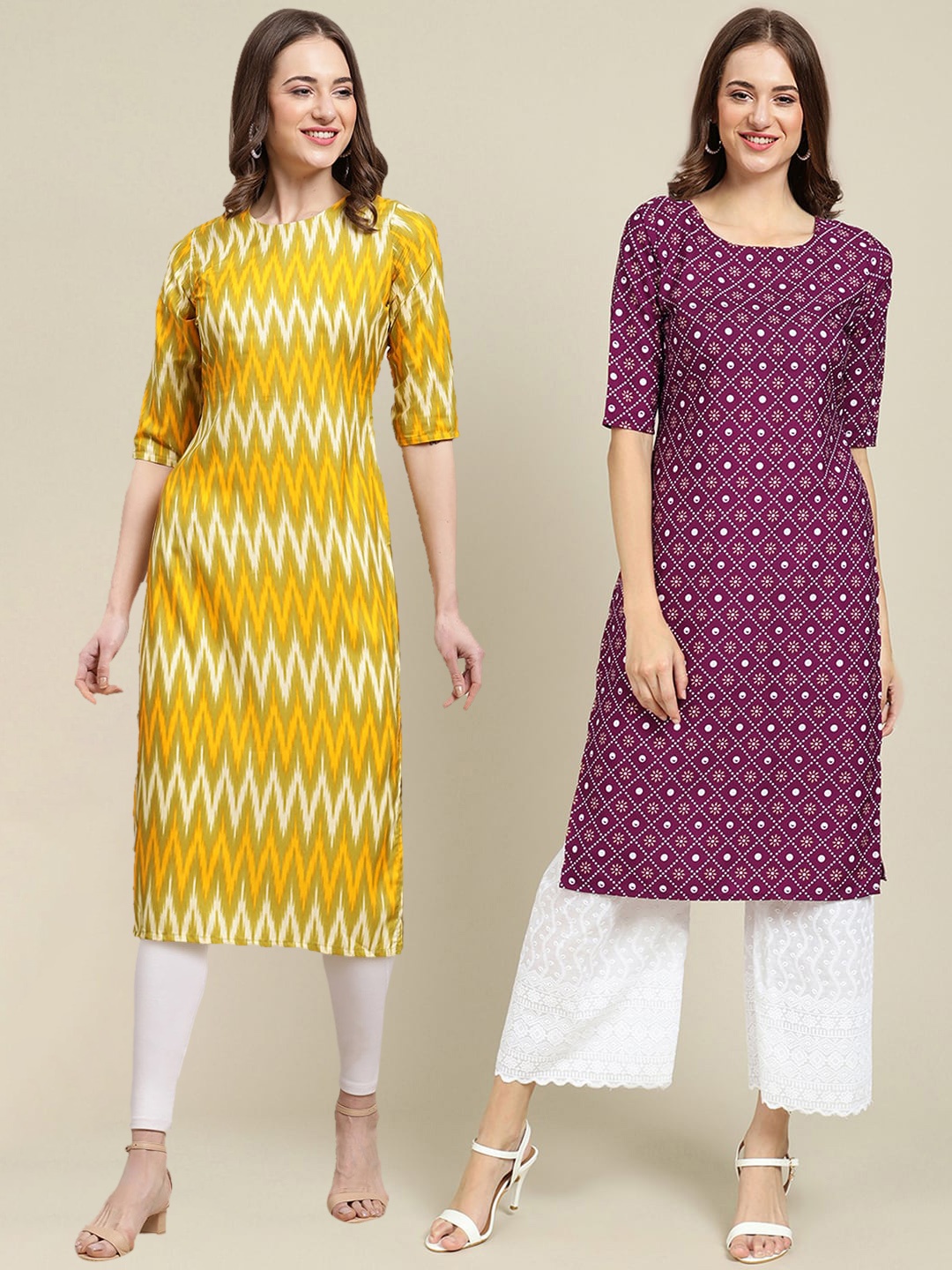 

7Threads Women Pack of 2 Yellow & Purple Digital Printed Crepe Straight Kurtas